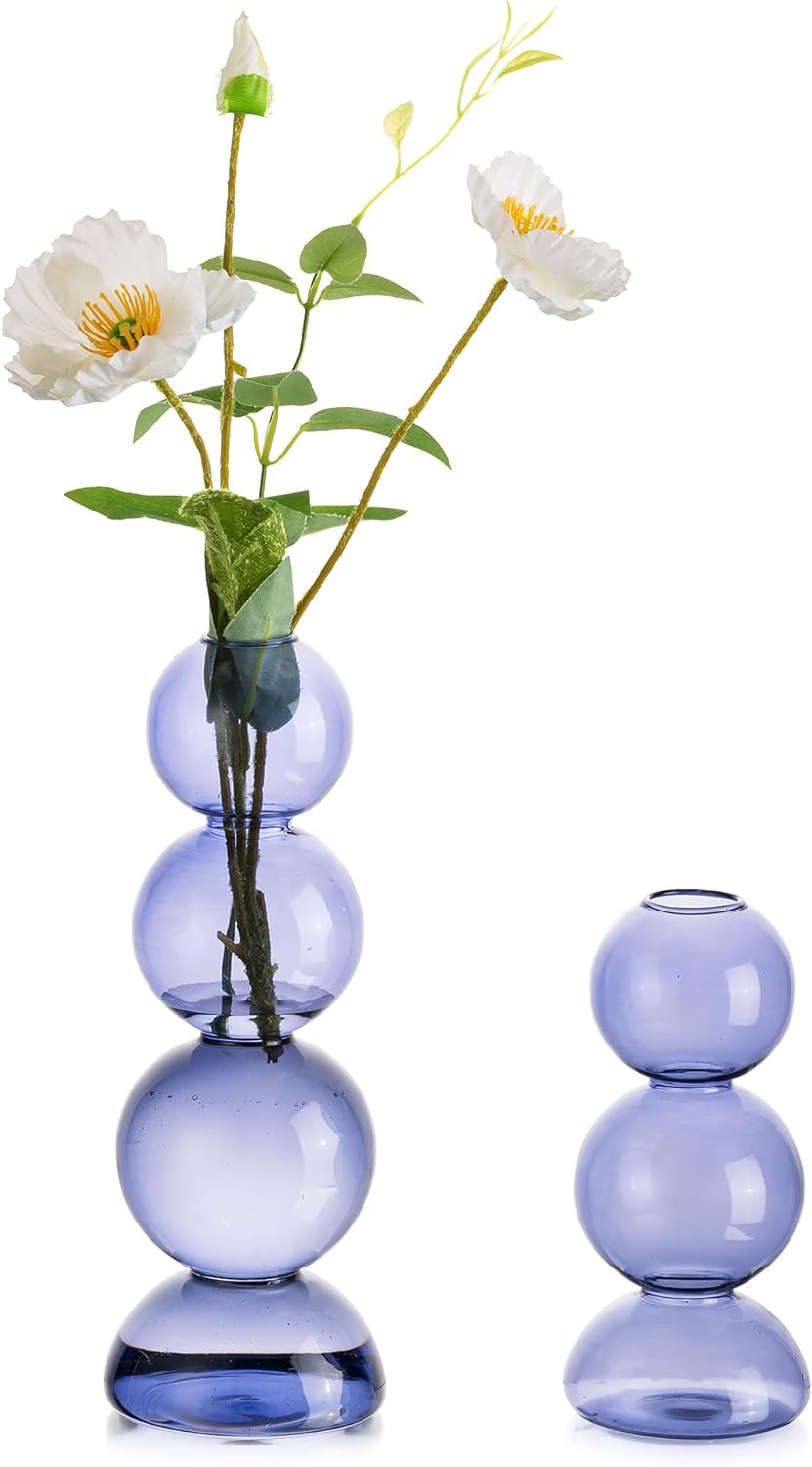 Glass Bubble Vases for Flowers, Hewory 2pcs Light Blue Unique Cute Single Flower Vase for Centerpieces, Funky Aesthetic Vase Skinny Bud Vase, Cool Groovy Decor for Living Room Bedroom Office Tabletop