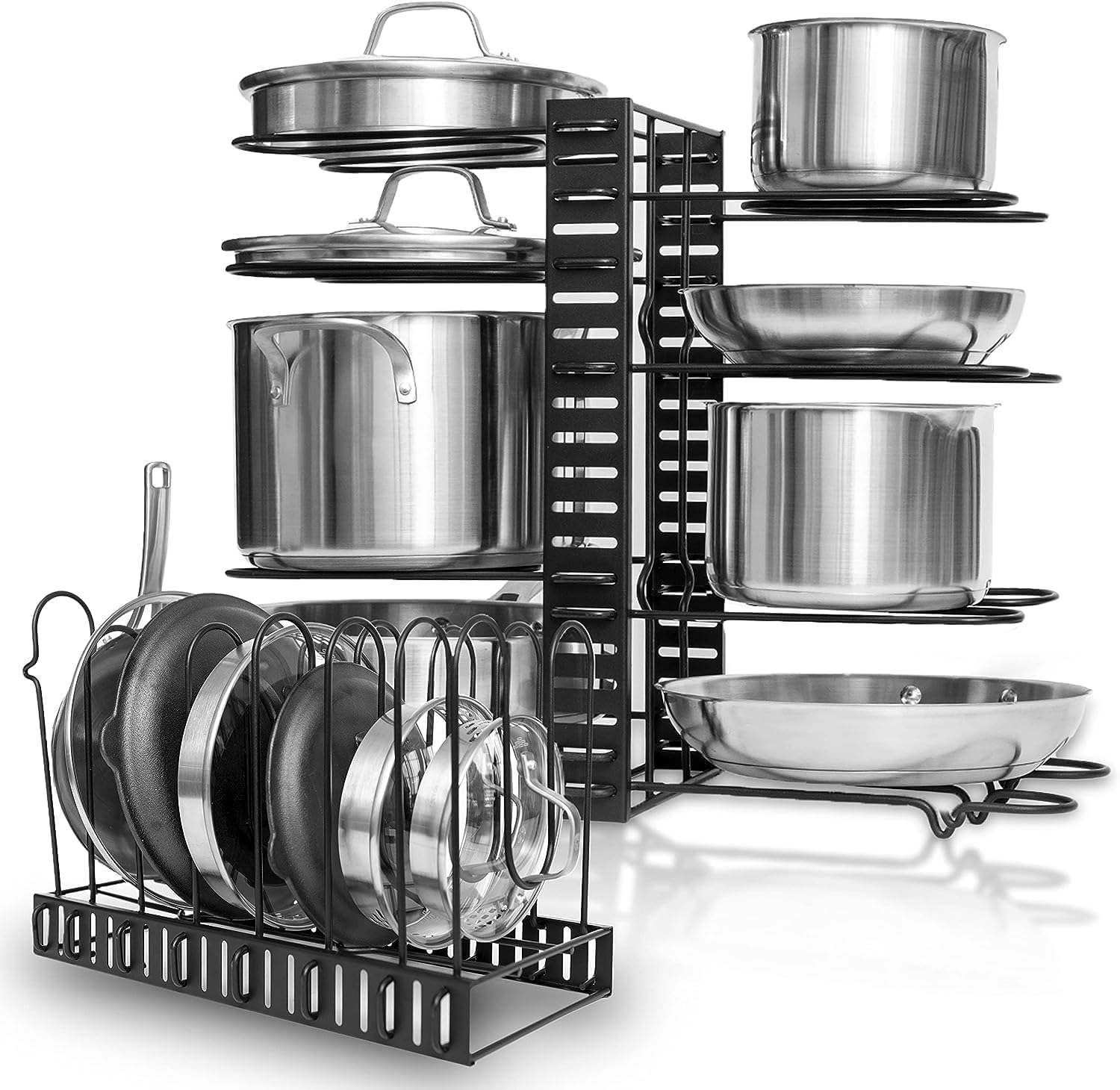GeekDigg Pots and Pans Organizer for Cabinet | 7.9D x 21.3W x 16.3H Adjustable Durable Iron Pot Rack Pot Lid Holder for Kitchen Counter & Cabinet | Easy Setup, 3 DIY Methods, 8+ Pots & Pans - Black