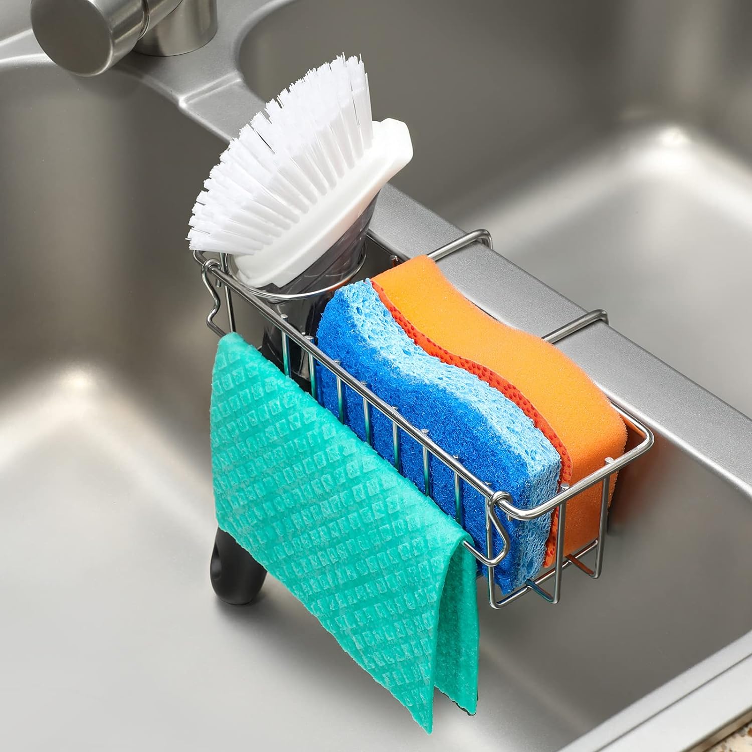 3-in-1 Sponge Holder for Kitchen Sink, Movable Brush Holder + Dish Cloth Hanger, Hanging Caddy, Small in Organizer Accessories Rack Basket, 304 Stainless Steel, Never Rust