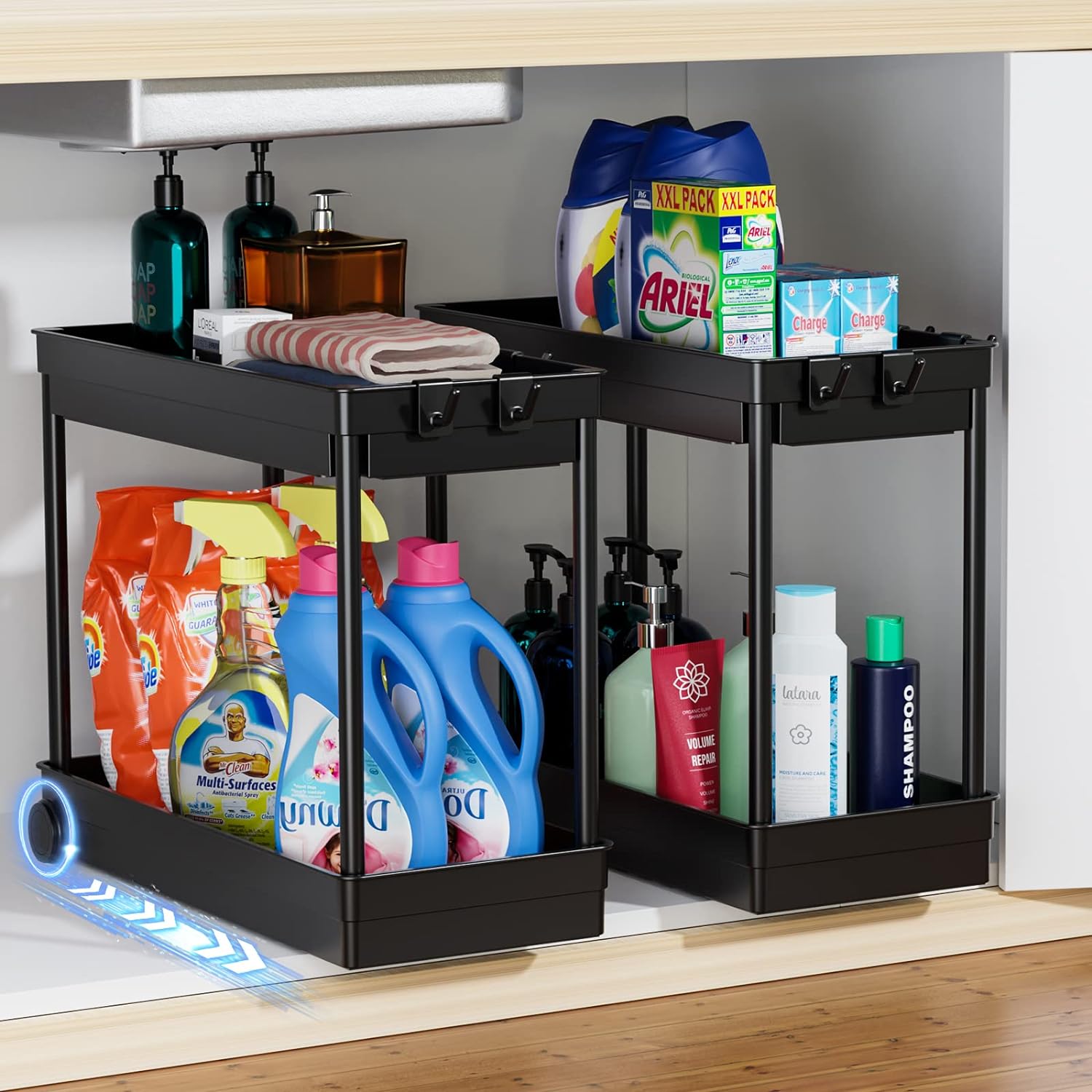 2 Pack Under Sink Organizer, 2 Tier Bathroom Cabinet Organizers and Storage with Hook, Multi-purpose Storage Basket Shelf for Kitchen, Black