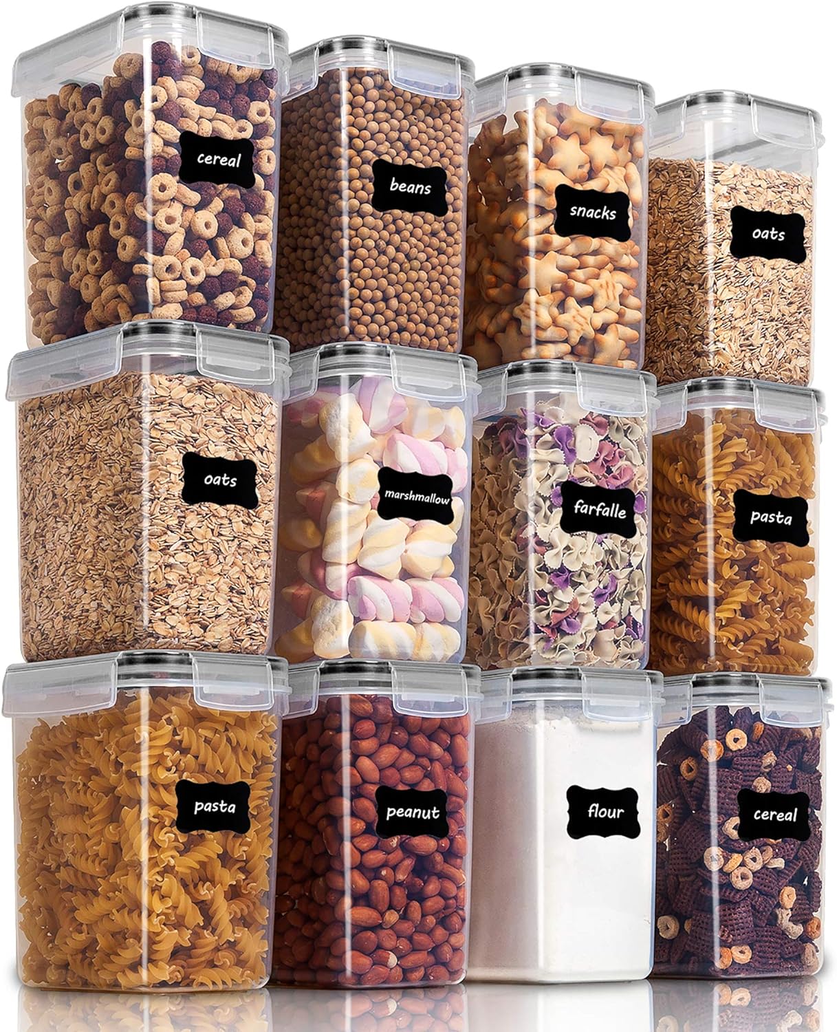 Vtopmart Airtight Food Storage Containers 12 Pieces 1.5qt / 1.6L- Plastic BPA Free Kitchen Pantry Storage Containers for Sugar, Flour and Baking Supplies - Dishwasher Safe - Include 24 Labels, Black
