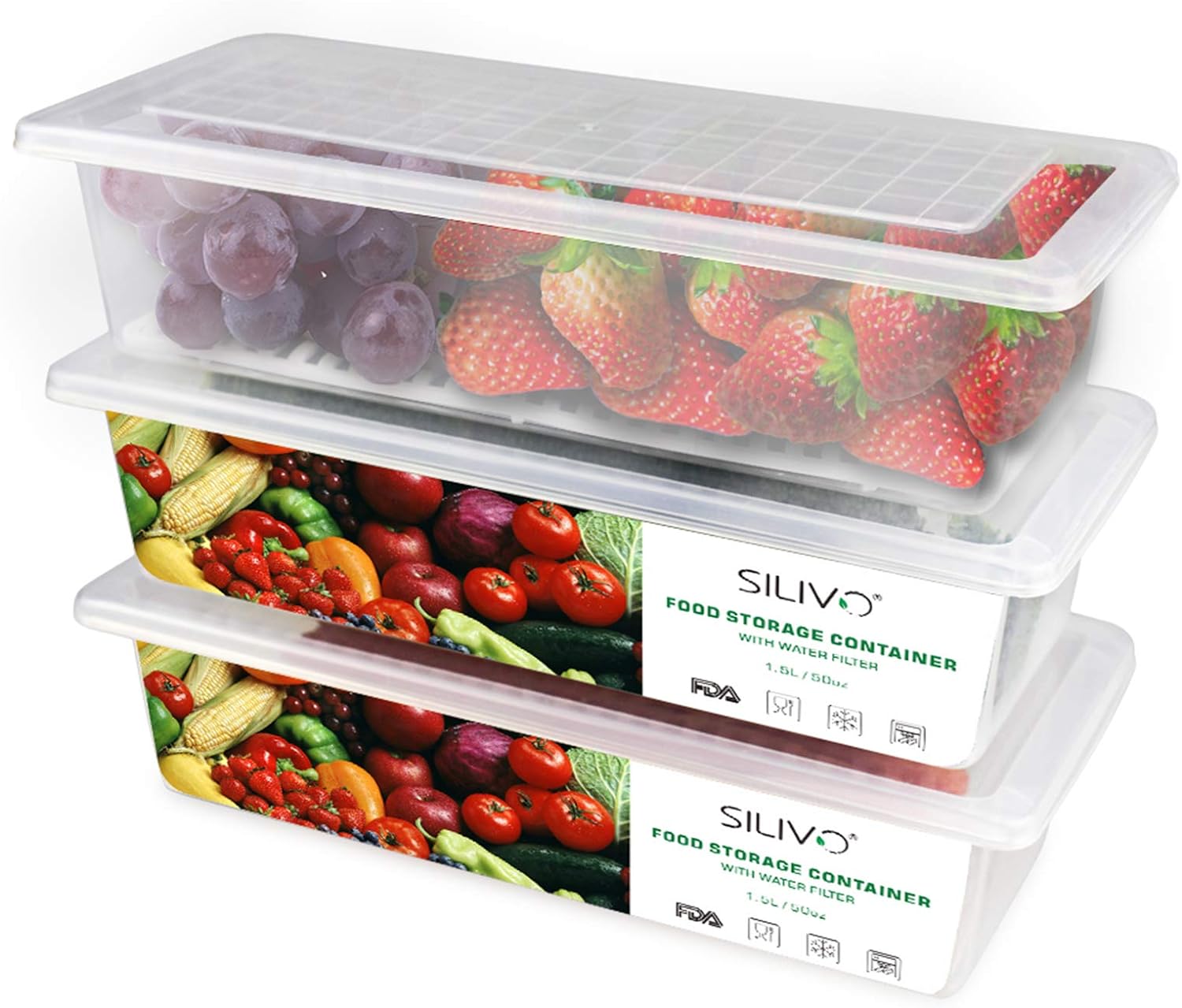 SILIVO Fruit Storage Containers for Fridge (3 Pack) - 1.5L Produce Saver Containers for Refrigerator with Removable Drain Tray Keep Fresh for Produce, Bacon, Fruits and Vegetables