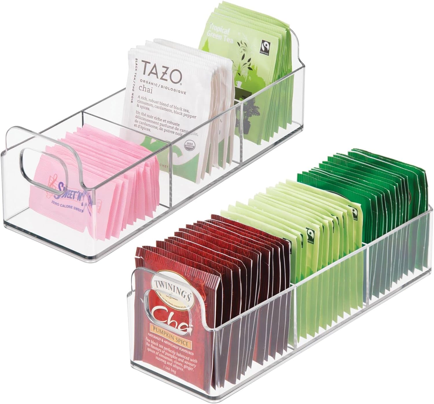 mDesign Plastic Condiment Organizer and Tea Bag Holder - 9 Long Kitchen Pantry/Countertop Storage Caddy - Divided Chip, Snack, Granola, Oatmeal Packet Holder - Lumiere Collection - 2 Pack - Clear