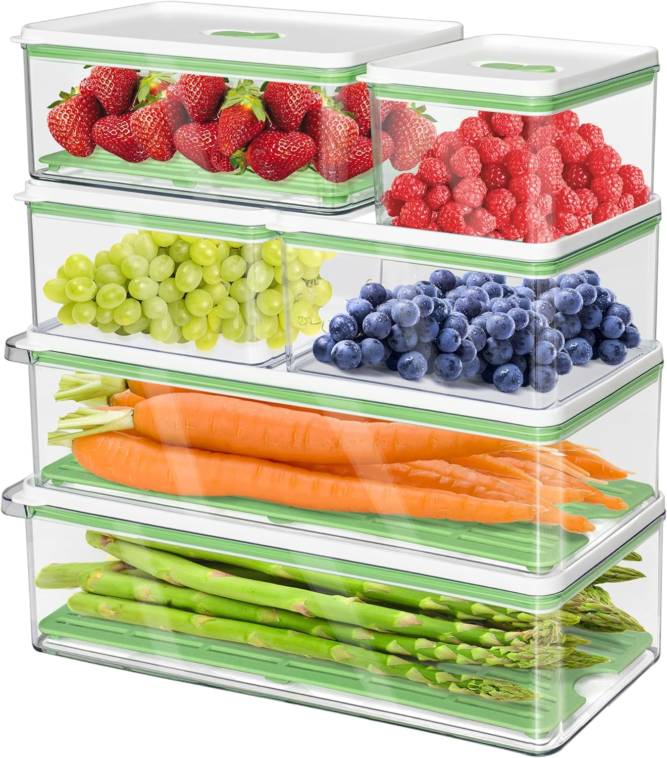 MineSign 6Pack Plastic Stackable Food Containers With Vented Lids And Removable Drain Tray Refrigerator Produce Saver Organizer Bins For Fridge Freezer Fruits&Veggie Storage Kitchen Organization