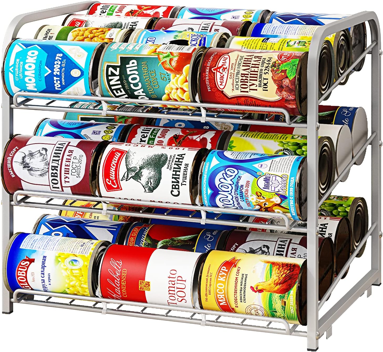 AIYAKA Can Rack Organizer, 3 Tier Stackable Can Storage Dispenser, for Food Storage, Kitchen Cabinets or Pantry, Storage for 36 Cans, Silver