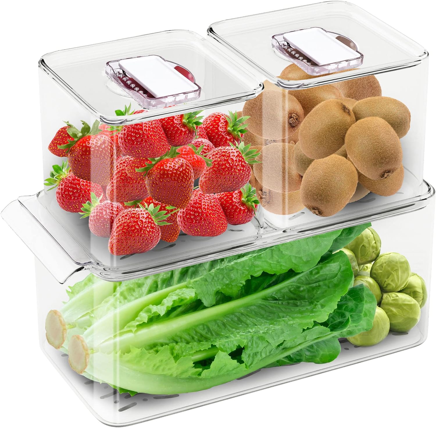 Produce Saver Containers for Refrigerator, Food Fruit Vegetables storage, 3 Pcs Stackable Freezer Fridge Organizer, Fresh Keeper Drawer Bin Basket with Vented Lids & Removable Drain Tray