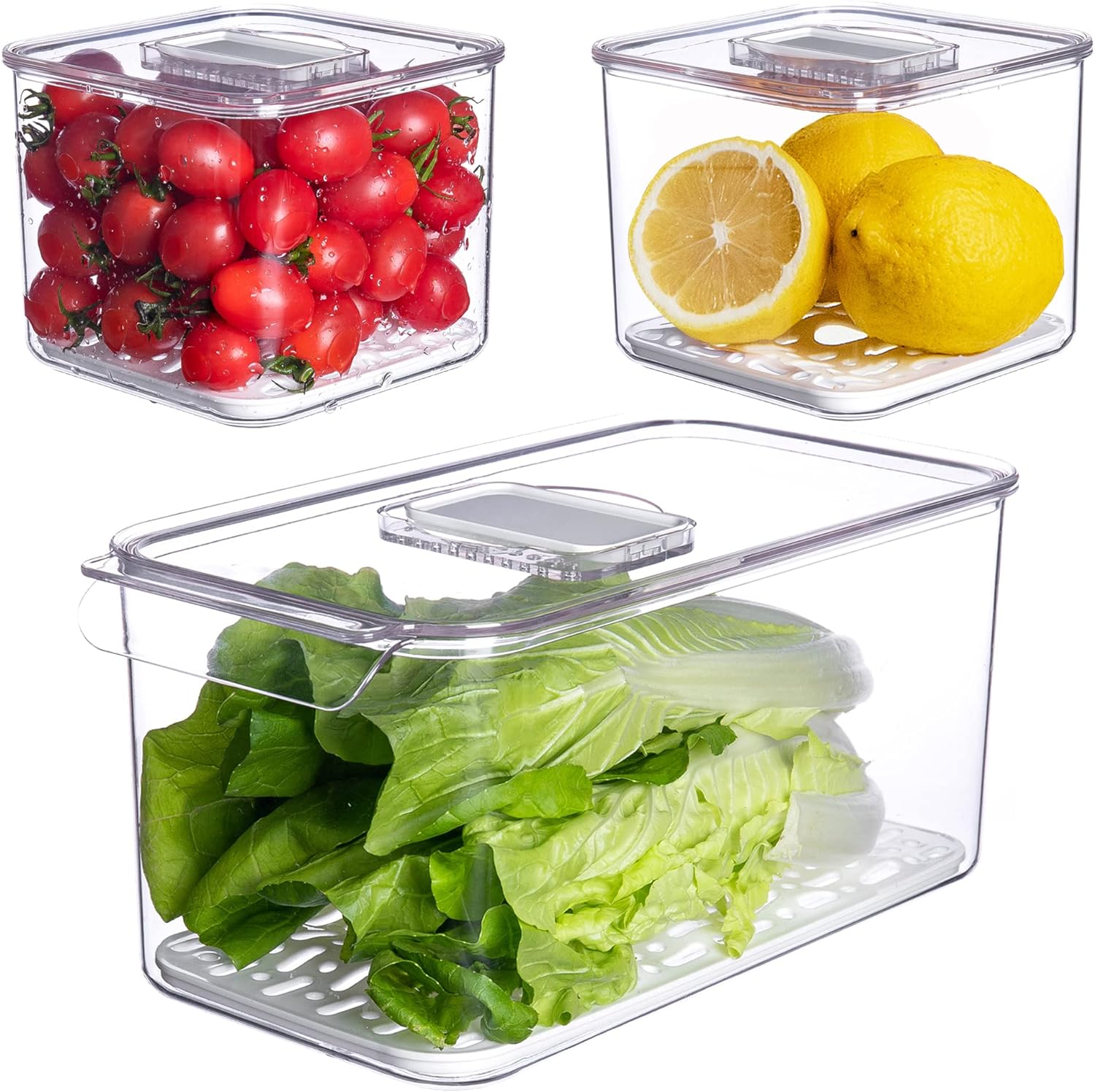 vacane Fresh Produce Saver for Refrigerator, 3 Pcs Food Fruit Lettuce Keeper Containers, Salad Vegetable Storage Organizers Stackable, BPA-free Stay Fridge Storage Containers