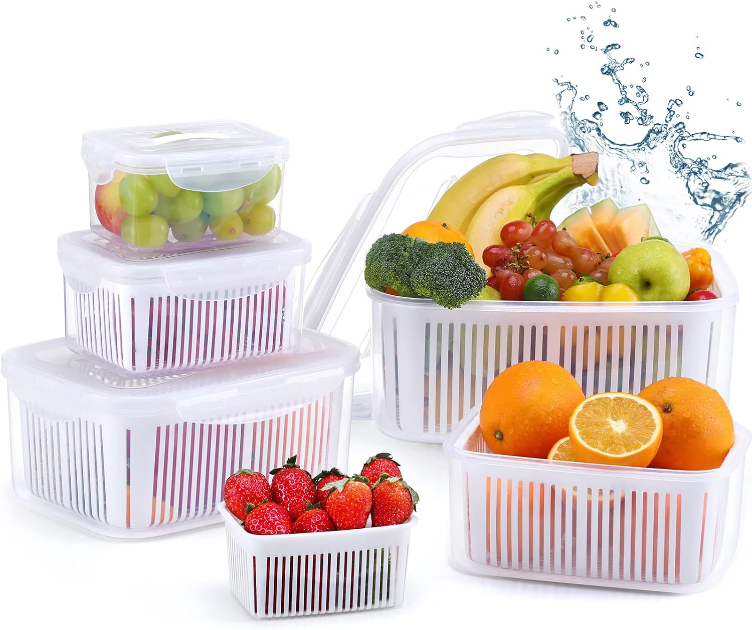 LUXEAR Fruit Vegetable Produce Storage Saver Containers with Lid & Colander 5 Packs BPA-Free Plastic Fresh Keeper Set | Refrigerator Fridge Organizer | for Salad Berry Lettuce Food Meat Fish Celery