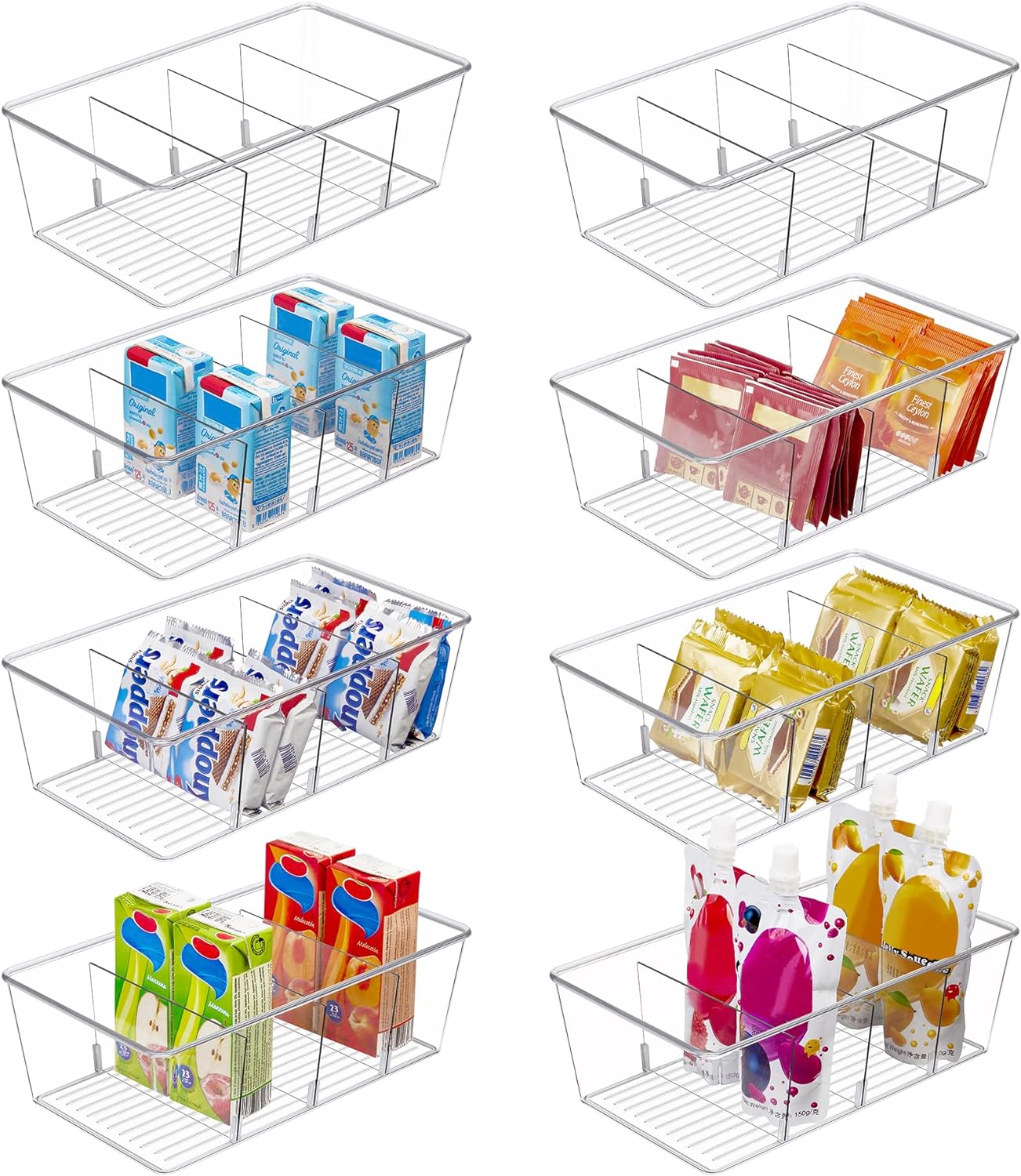 Vtopmart 8 Pack Food Storage Organizer Bins, Clear Plastic Bins for Pantry, Kitchen, Fridge, Cabinet Organization and Storage, 4 Compartment Holder for Packets, Snacks, Pouches, Spice Packets