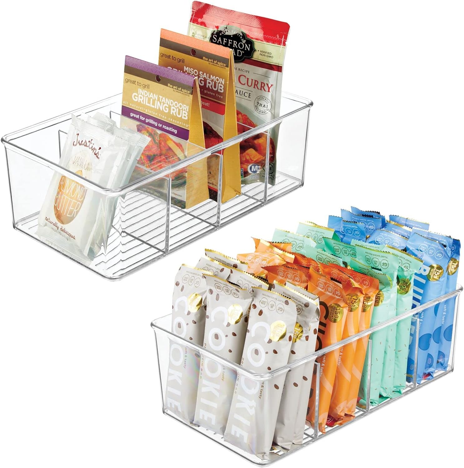 mDesign Plastic 4-Section Divided Organizer Bins - Storage for Cabinet, Pantry, Fridge or Home Organization - Holds Snacks, Granola Bars or Seasoning and Spice Packets, Ligne Collection, 2 Pack, Clear