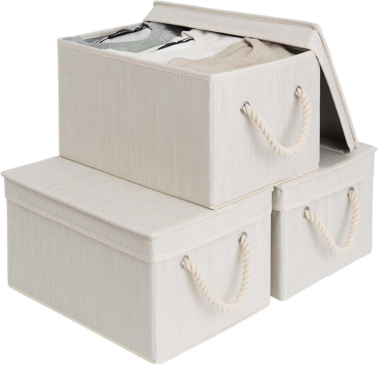 StorageWorks Storage Bins with Lids, Decorative Storage Boxes with Lids and Soft Rope Handles, Mixing of Beige, White & Ivory, Large, 3-Pack