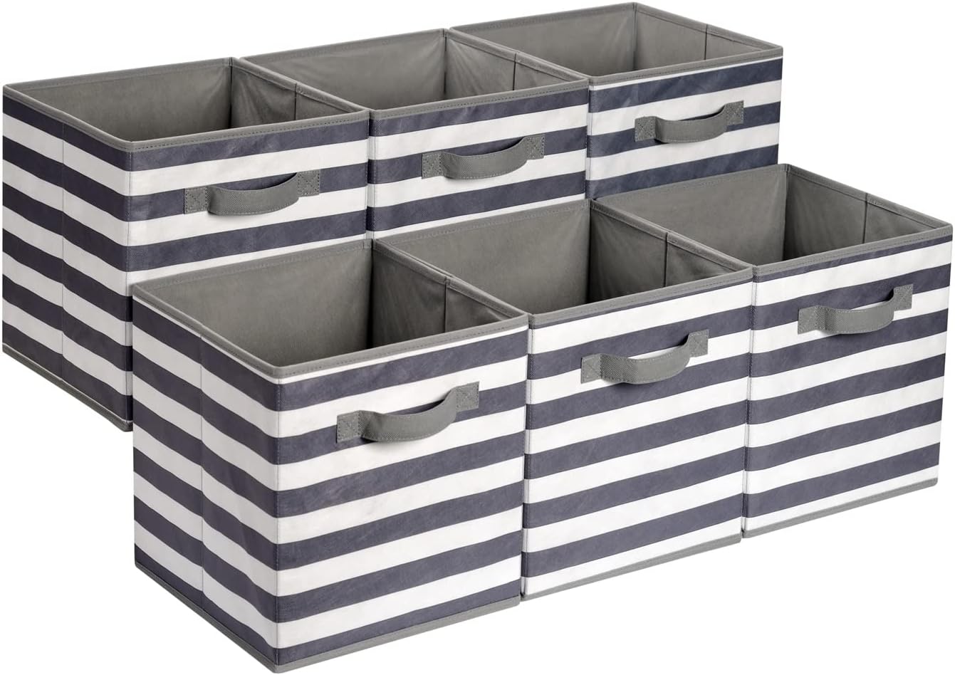 Amazon Basics Collapsible Fabric Storage Cube Organizer with Handles, 10.5 x 10.5 x 11 Inch, White/ Light Grey Stripe - Pack of 6