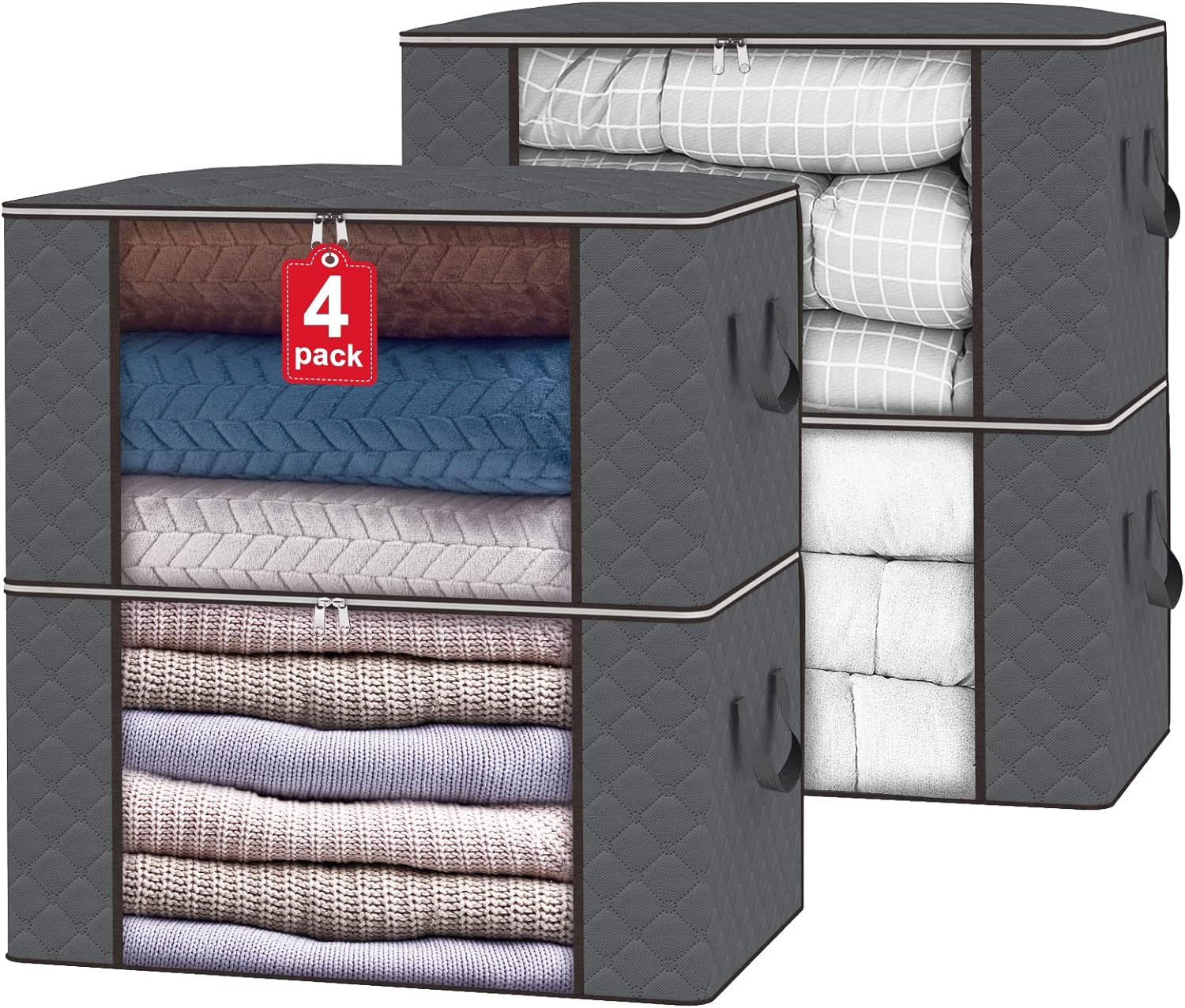 SGHUO 4 Pack Blanket Storage Bags with Zipper, Foldable Comforter Bag, Large Organizers for Blankets, Pillow, Quilts, Linen, Containers Thick Fabric, Sturdy Grey, 90L