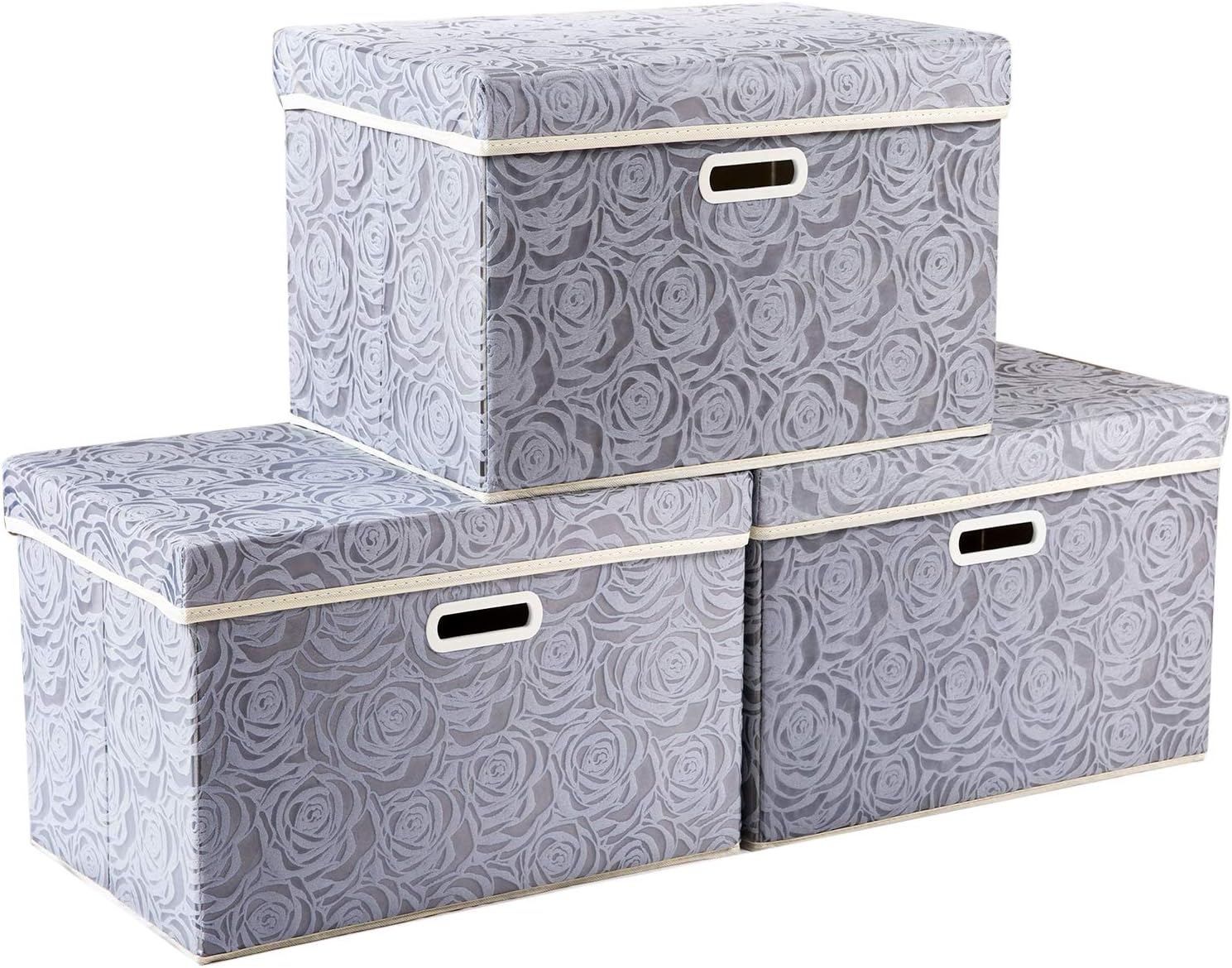 PRANDOM Larger Collapsible Storage Boxes with Lids Fabric Decorative Storage Bins Cubes Organizer Containers Baskets with Cover Handles for Bedroom Living Room Gray 17.7x11.8x11.8 Inch 3 Pack