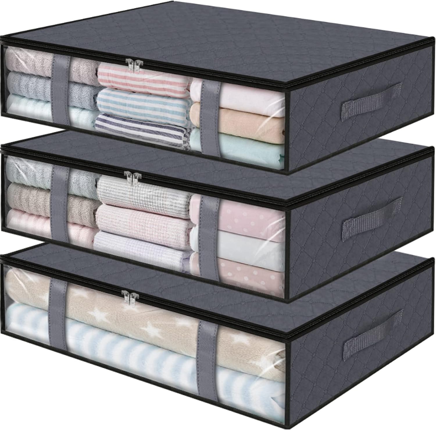 StorageRight Storage Bins,3-Pack Clothes Storage, Foldable Blanket Storage Bags, Under Bed Storage Containers for Organizing, Clothing, Bedroom, Comforter, Closet, Dorm, Quilts, Organizer,Grey