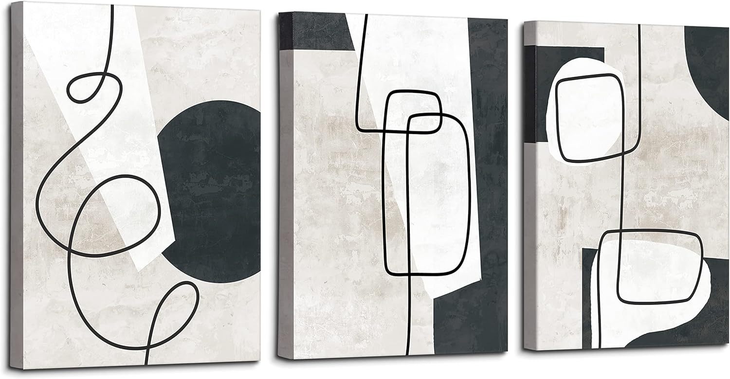 ArtbyHannah Black and White Abstract Canvas Wall Art with Minimalist Line Art Prints, Modern Wall Art for Home Decor, 12x16 Inch Set of 3, Ready to Hang