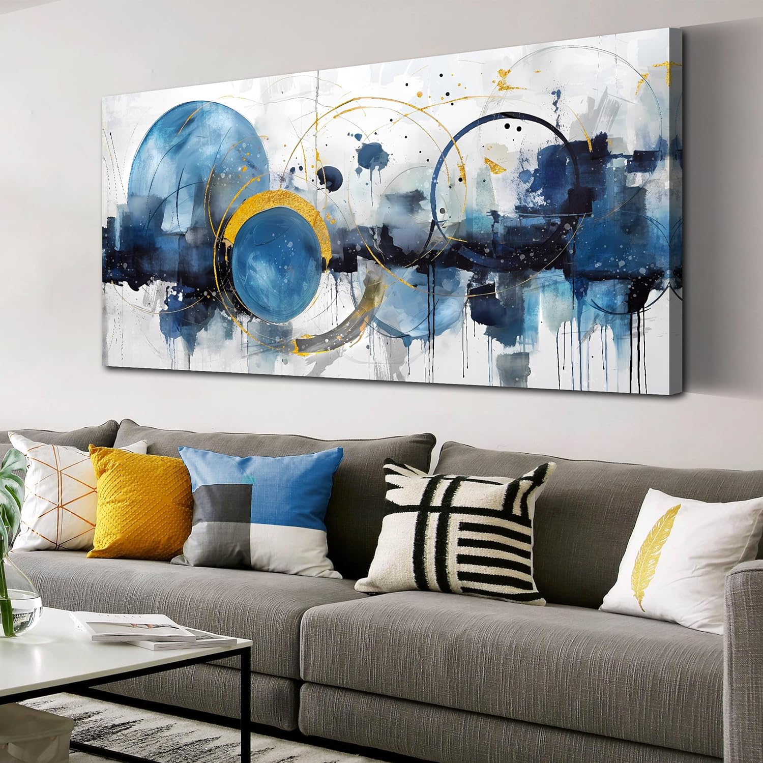 Abstract Canvas Wall-Art - Blue Home Office Wall Decor - Modern Wall Art for Living Room Large Size Ready to Hang Size 24 x 48