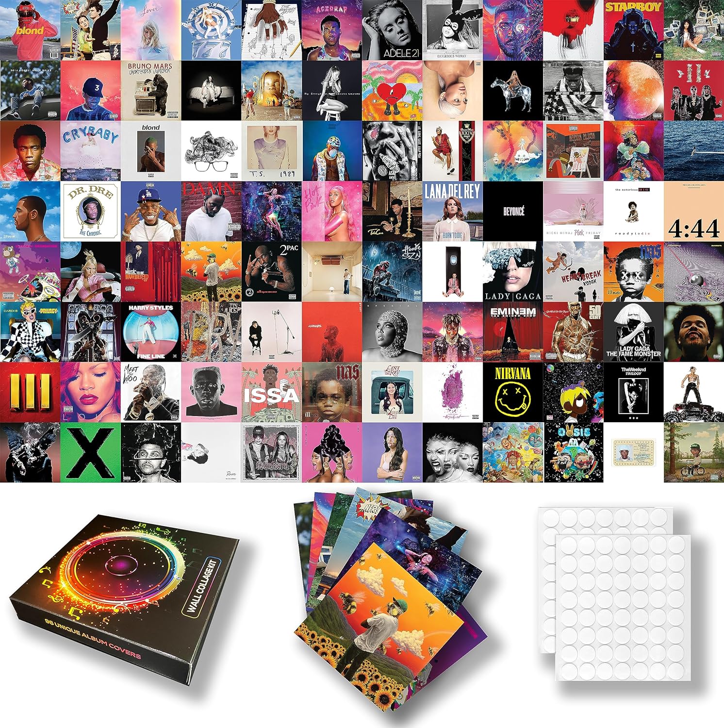 Set of 96 Unique Album Covers - Wall Collage Kit | Decoration HIP-HOP | Rap | Music Bands | Posters Measure 6x6 inches | Printed on GLOSS Paper | Set Includes Glue Dots for Easy Application