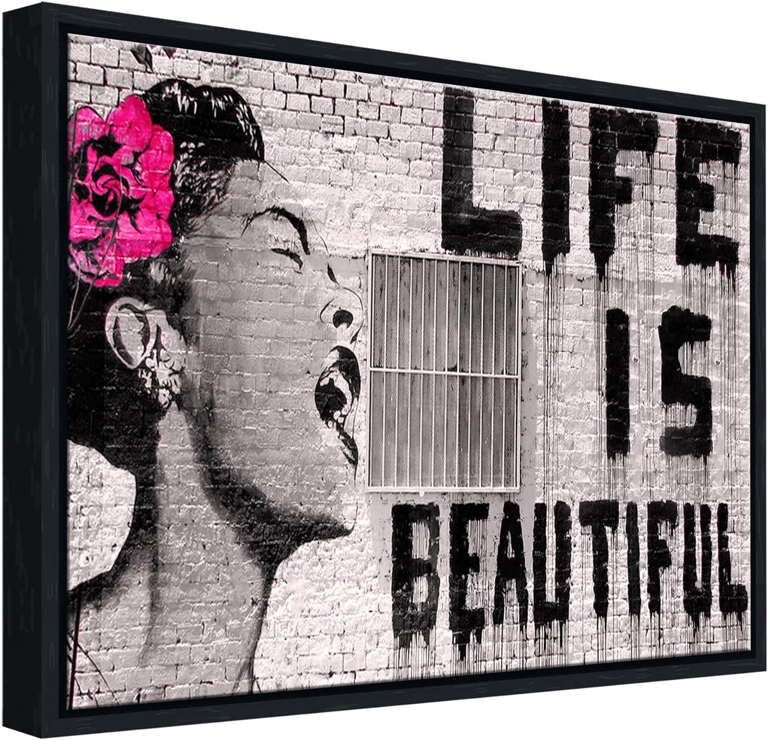 Wieco Art Framed Wall Art Canvas Prints of Banksy Life is Beautiful Abstract Artwork for Wall Decor Room Decorations Black Frame