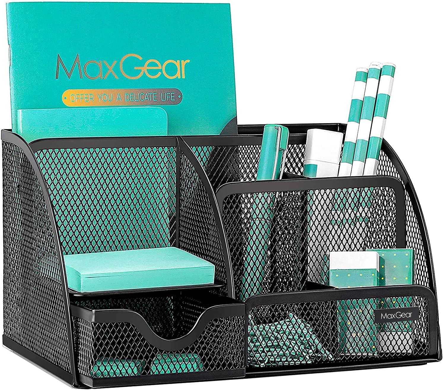 MaxGear Mesh Desk Organizer, Desktop Organizer with Drawer, Office Supplies Multi-Functional Caddy, Metal Stationary Black Desk Caddy, 6 Compartments, 8.7 x 5.5 x 5 inch, 1 Pack