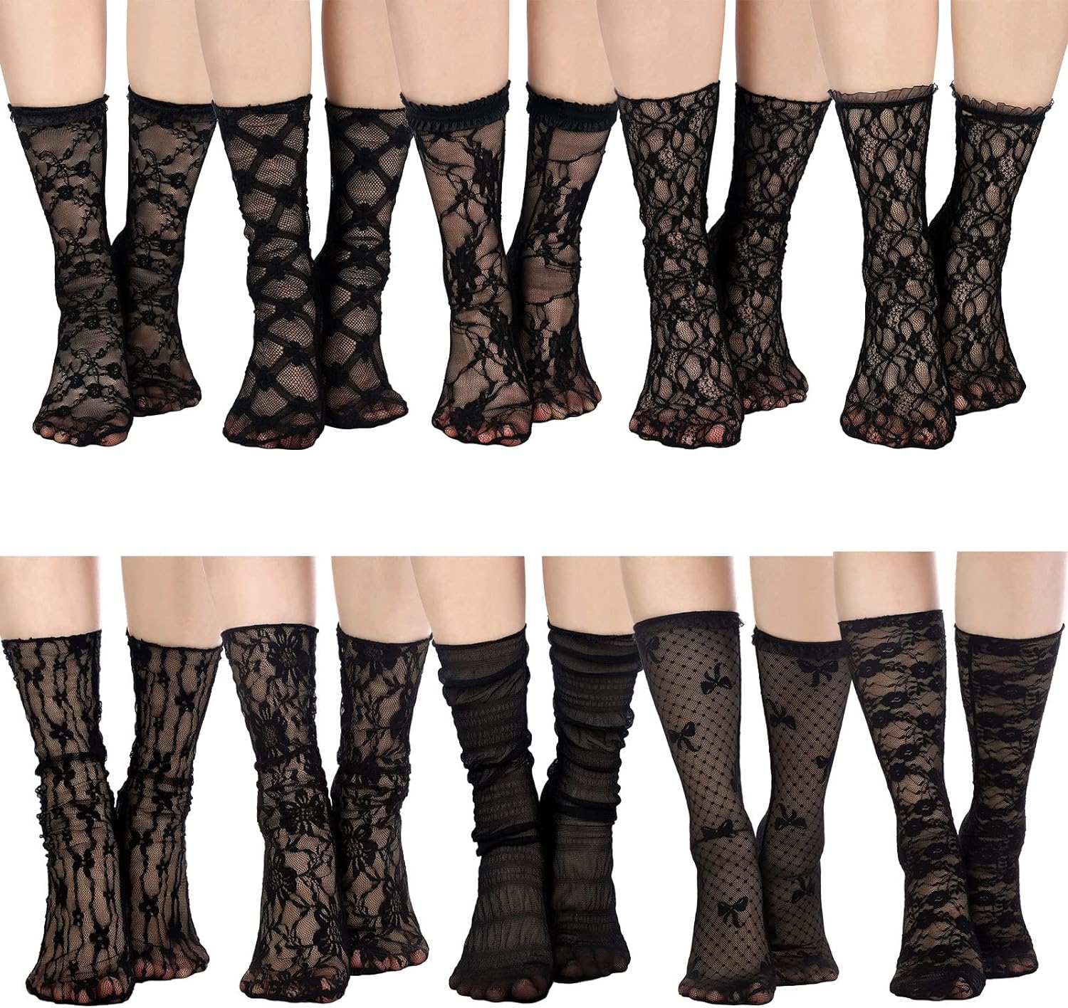 Geyoga 10 Pairs Slouch Lace Socks Women Cute Mesh Frilly Socks Ankle High Loose Lace Ruffle Socks for Women Girls Dress