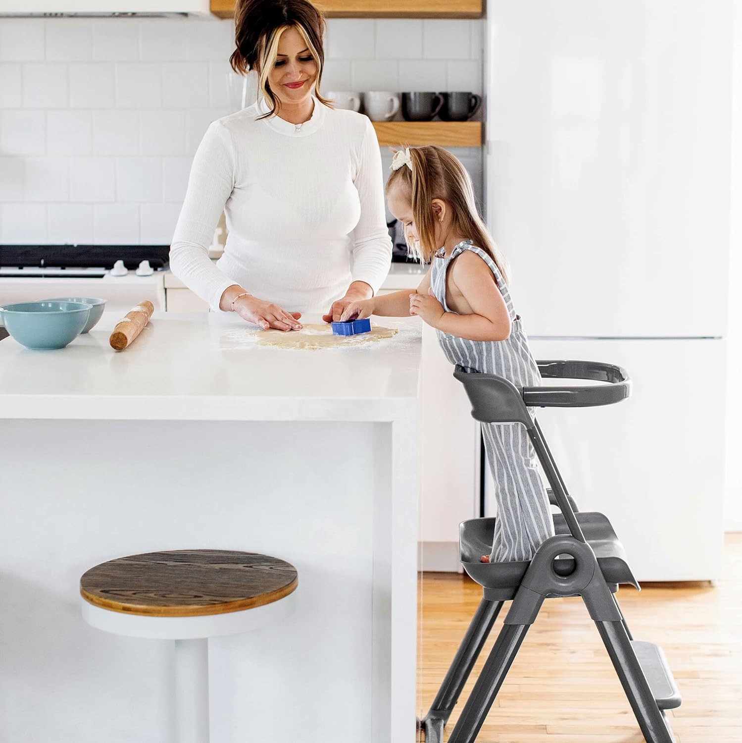 Hi mommas and papas! If youre short on time heres the gist, its easy to assemble(only the bottom step), clean, sturdy, and compact when not in use. Perfect for your littles who enjoy hanging out with you. My daughter loves this and asks to use it all the time. This is a valuable investment for us.Im a first time mother and Ive been looking for something like this for about 1.5 years. My daughter is about to turn two and I was really excited at the possibility of her being able to hang with 