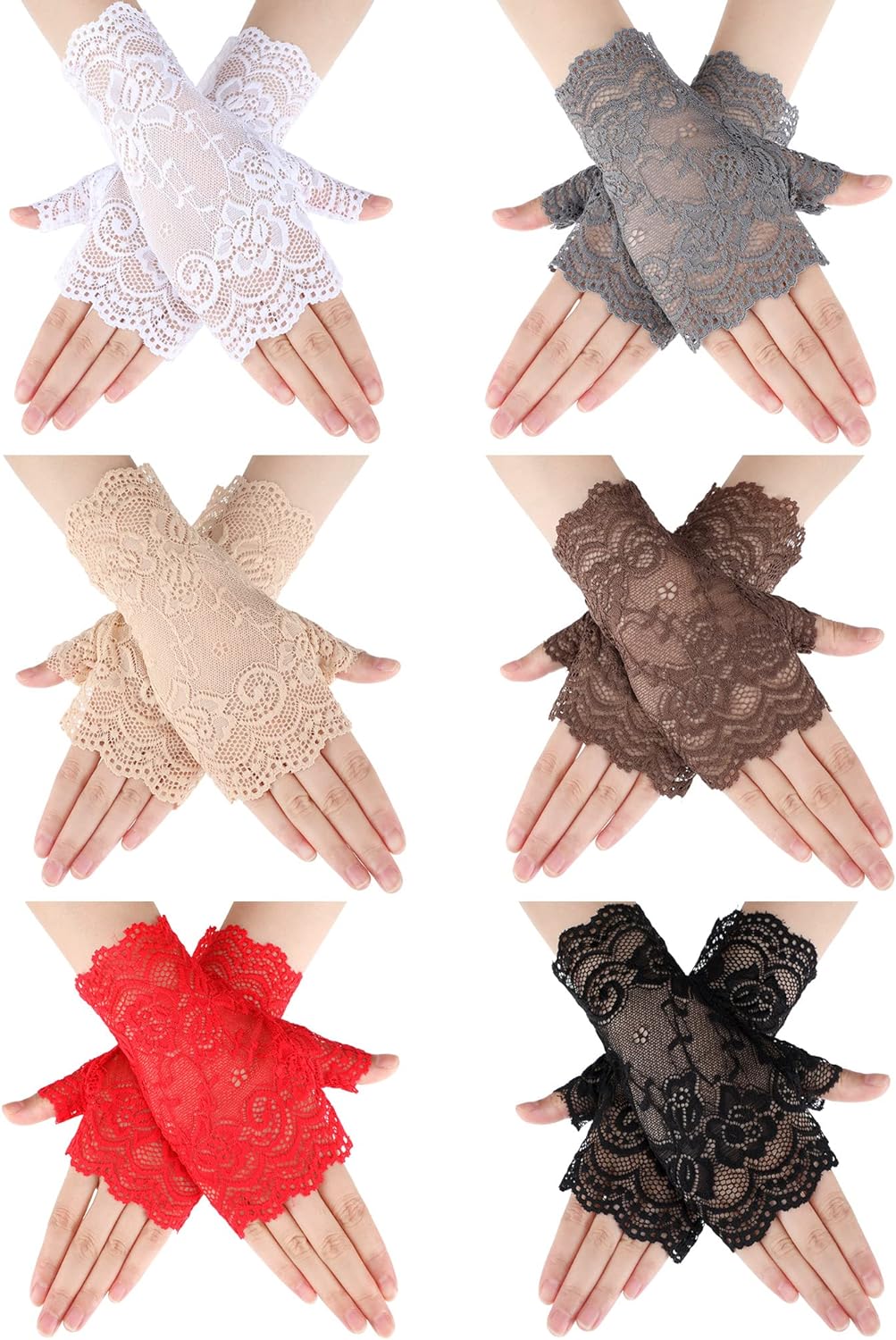 6 Pairs Women' Lace Gloves Fingerless Floral Gloves Short Fingerless Gloves for Bridal Wedding Opera Tea Party