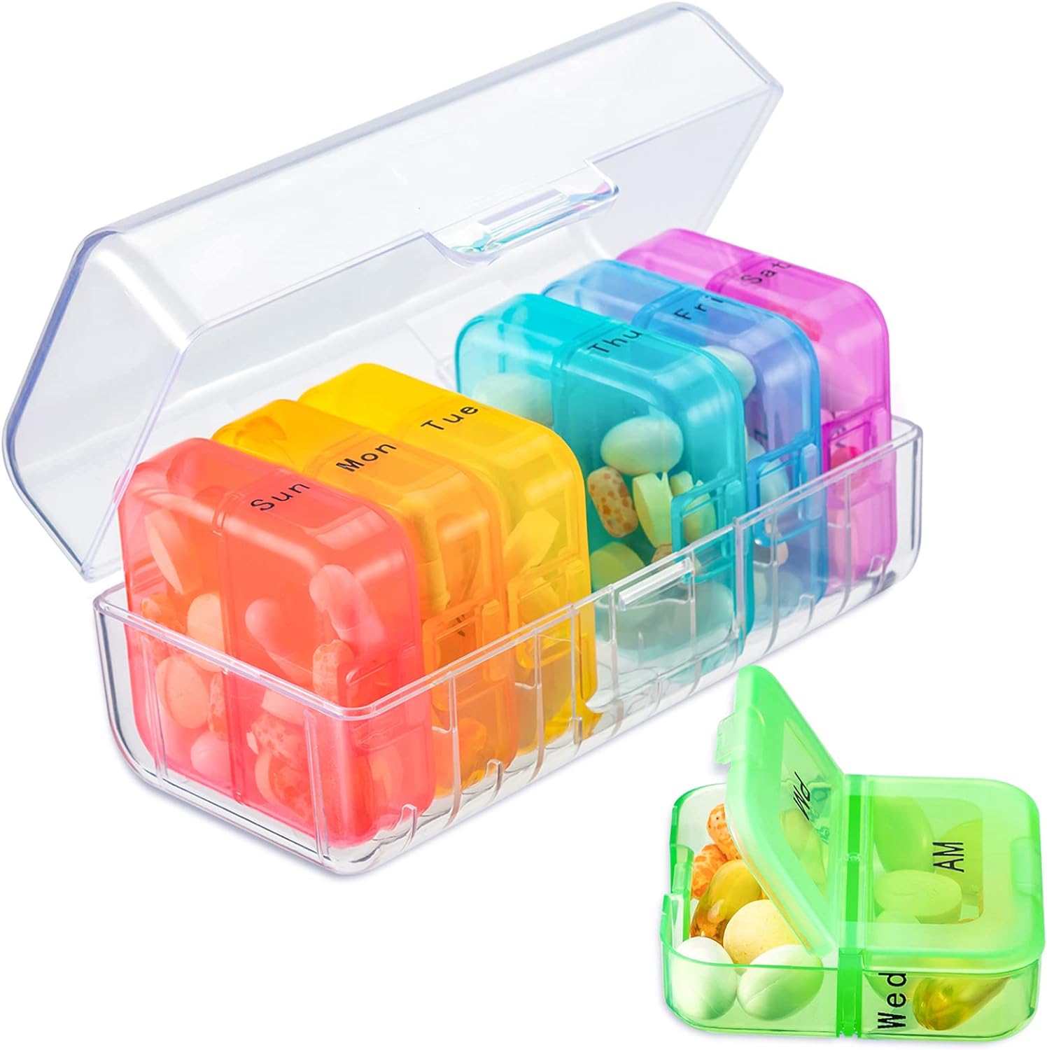 Zoksi Weekly Pill Organizer 2 Times a Day, Rainbow 7 Day Pill Box, Daily Am Pm Pill Organizer, Portable Case for Fish Oils, Vitamin, Supplement