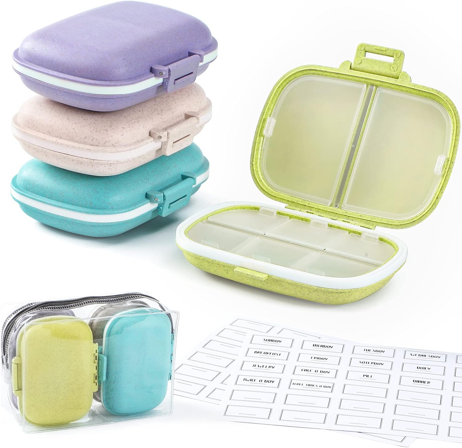 [ 4 Pack ] 8 Compartments Travel Pill Organizer with Storage Bag and Labels - Moisture Proof Pill Case - Portable Pill Holder Container for Daily Medicine - Small Pill Boxes for Purse, Pocket, Bag