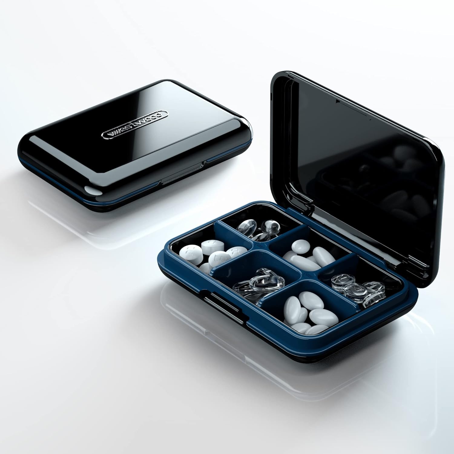 This pill case is a clear cut above the many cheap pill cases with similar volume. I wanted a case in which I can separate several different medications, and that is built to last and be secure, and that also has real moisture resistance. This case is unusual in meeting all of those requirements, and in looking classy and being compact. The case is made of sturdy plastic, although the cover hinges have metal pins in them, and the six compartments inside do not have the flimsy, easily breakable a
