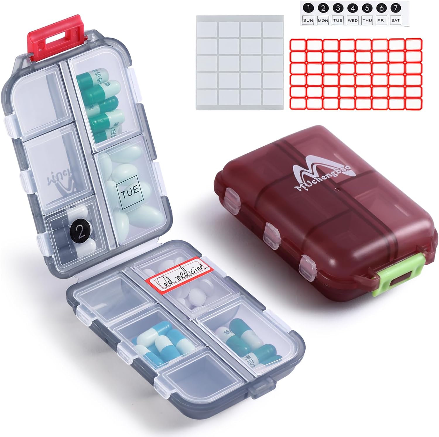 M MUchengbao Travel Pill Organizer Pocket Pharmacy with 3 Types of Labels 10 Compartments Small Fold Pill Box BPA-Free Daily Travel Pill Case Medicine Organizer for Store (Gray+ Red)