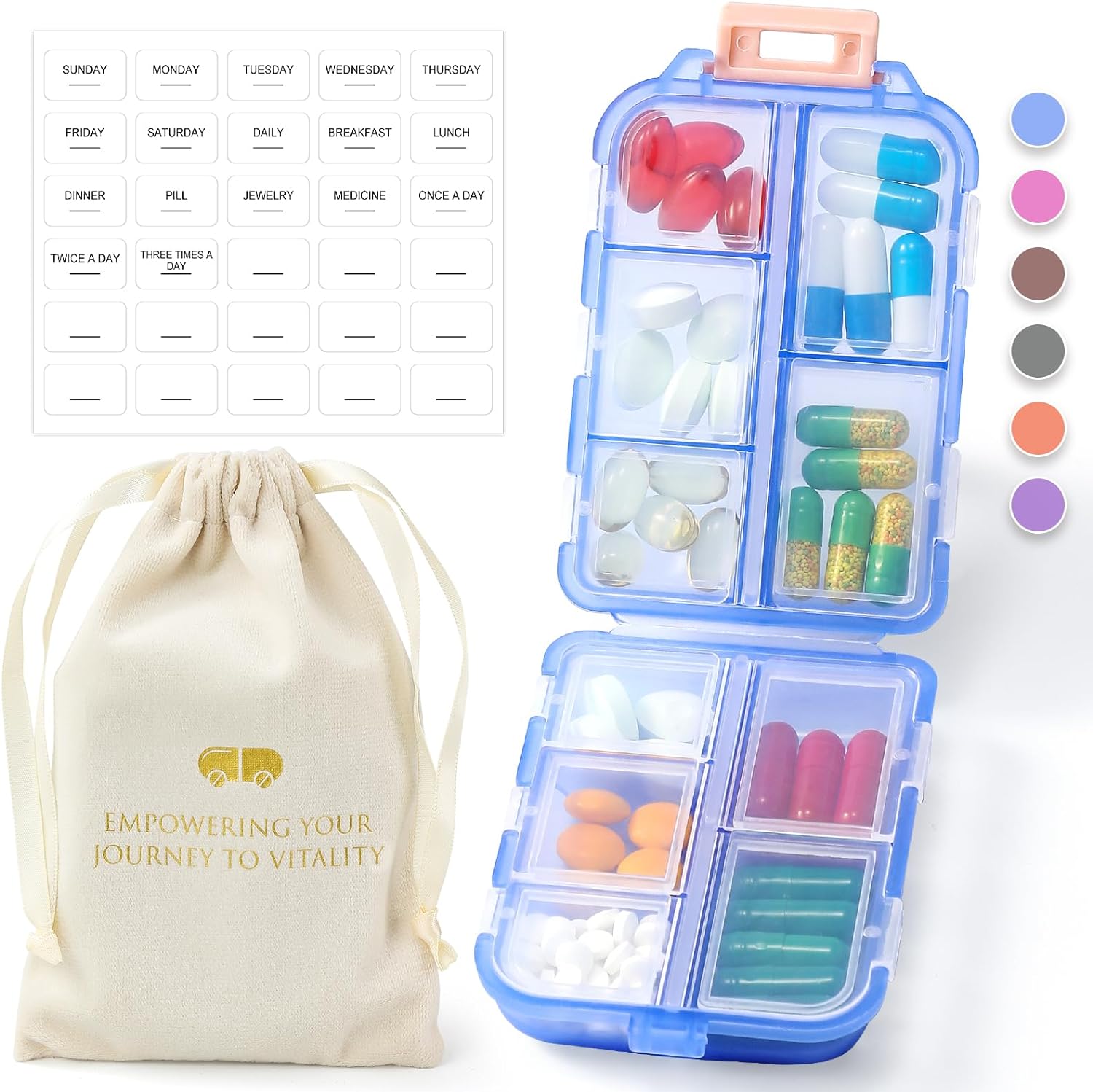 1 Pack Travel Pill Organizer w Labels & 1 Drawstring Pouch, Small 10 Compartments Pocket Pharmacy, Handy Pill Holder Box - Portable Daily Weekly Medicine Container Case - Blue