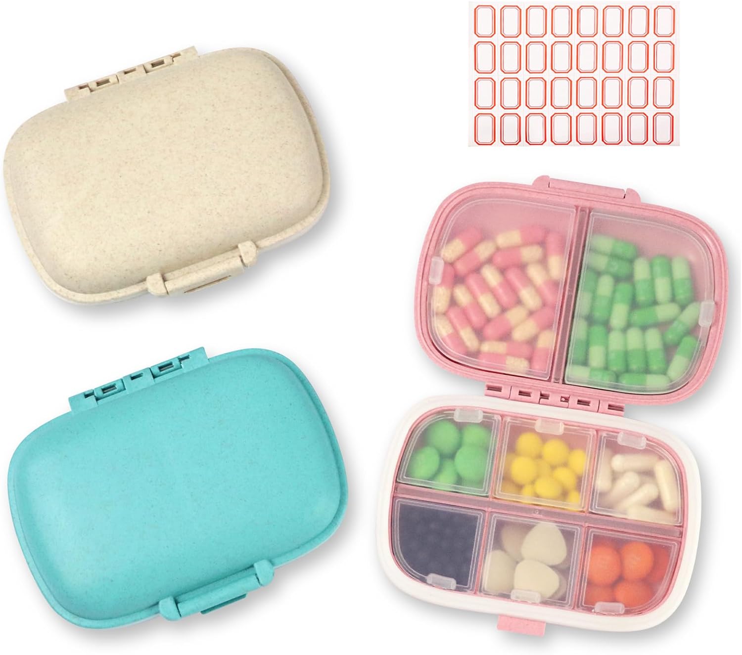 3 Pack Pill Organizer Travel - Daily Pill Box Organizer, 8 Compartments Portable Pill Case, Pocket Pharmacy with Labels, Moisture Proof Medicine Organizer, Pill Container to Hold Vitamin, Fish Oil