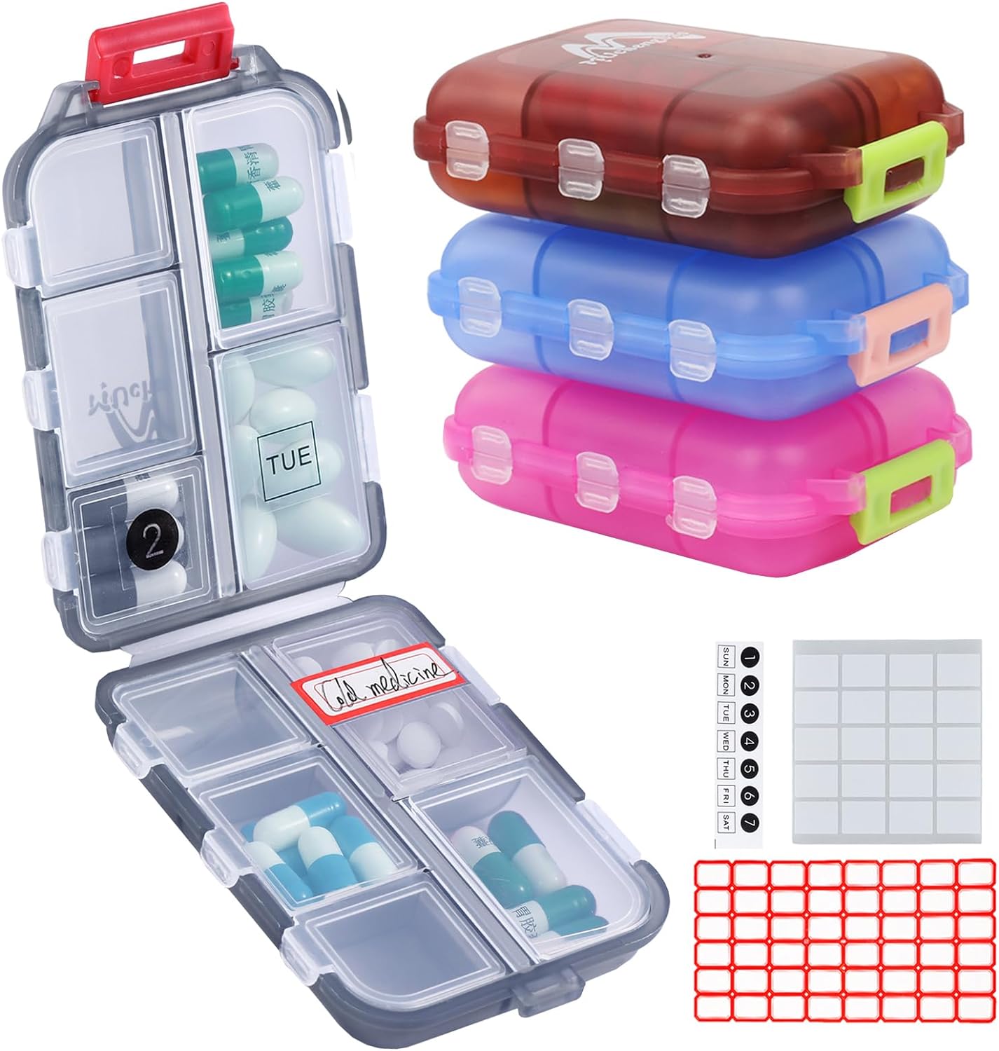 M MUchengbao 4PS Pill Organizer Travel Pill Box + 164 Slice LabelsPortable Folding Small Pill Case Daily Pill Box Organizer Pill Container Used for Carry-on Storage Vitamin Fish Oil Pills Etc