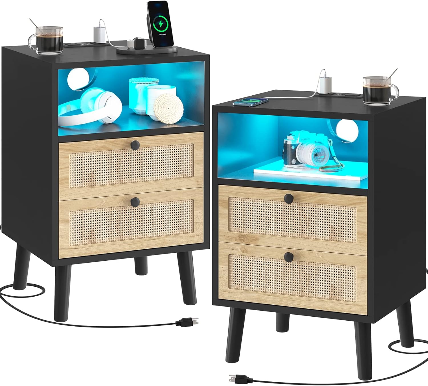 these nightstands are not only easy to put together, but they look amazing. The outlet on the top of the nightstand is perfect to plug-in, your extra chargers and things like that the LED light is bright and has plenty of color options drawers opening, close easily. overall, 10 out of 10 thanking about buying another set to put in the living room.