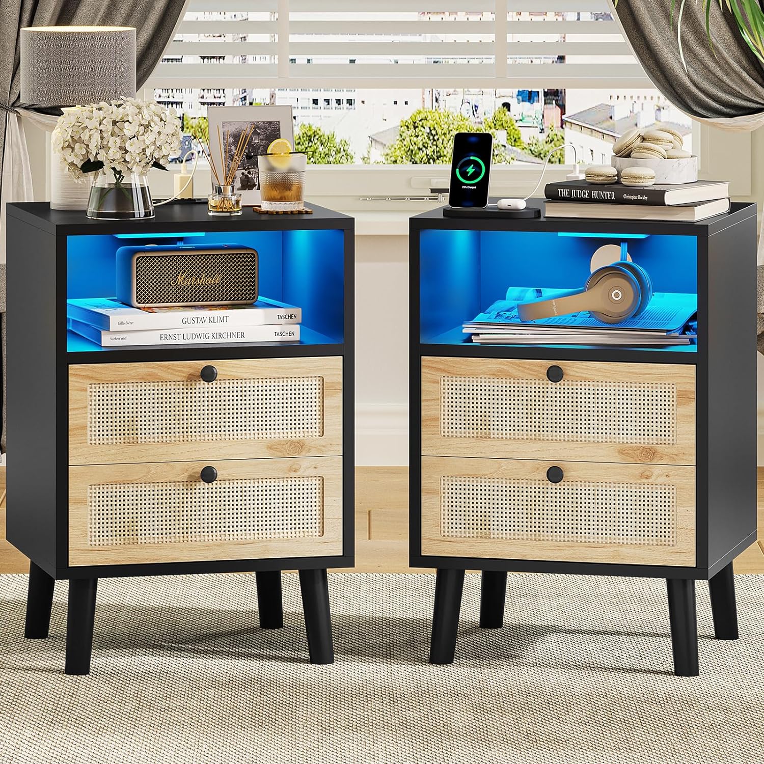 Boxes were heavy, nightstands are not heavy. The LED lights are a nice touch. They are cute small nightstands for a good price.