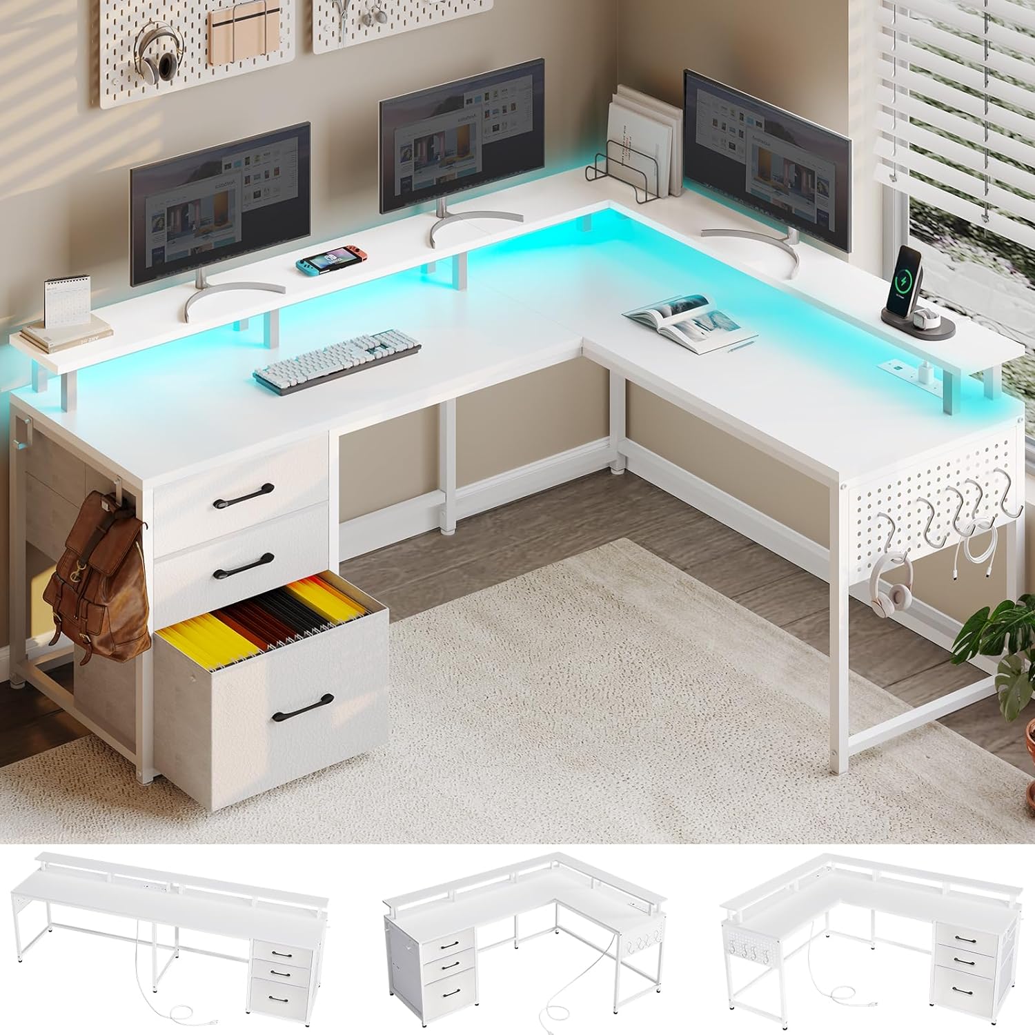 SEDETA 63.8 L Shaped Desk, Reversible Computer Desk with Power Outlet and Pegboard, Gaming Desk with LED Light, Corner Desk with Fabric File Drawers for Home Office, White