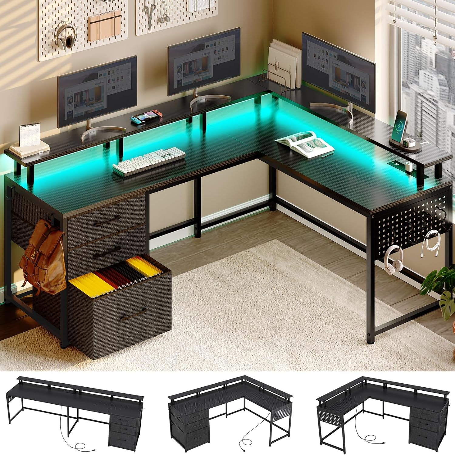 SEDETA 63.8 L Shaped Desk, Reversible Computer Desk with Power Outlet and Pegboard, Gaming Desk with LED Light, Corner Desk with Fabric File Drawers for Home Office, Carbon Fiber Black