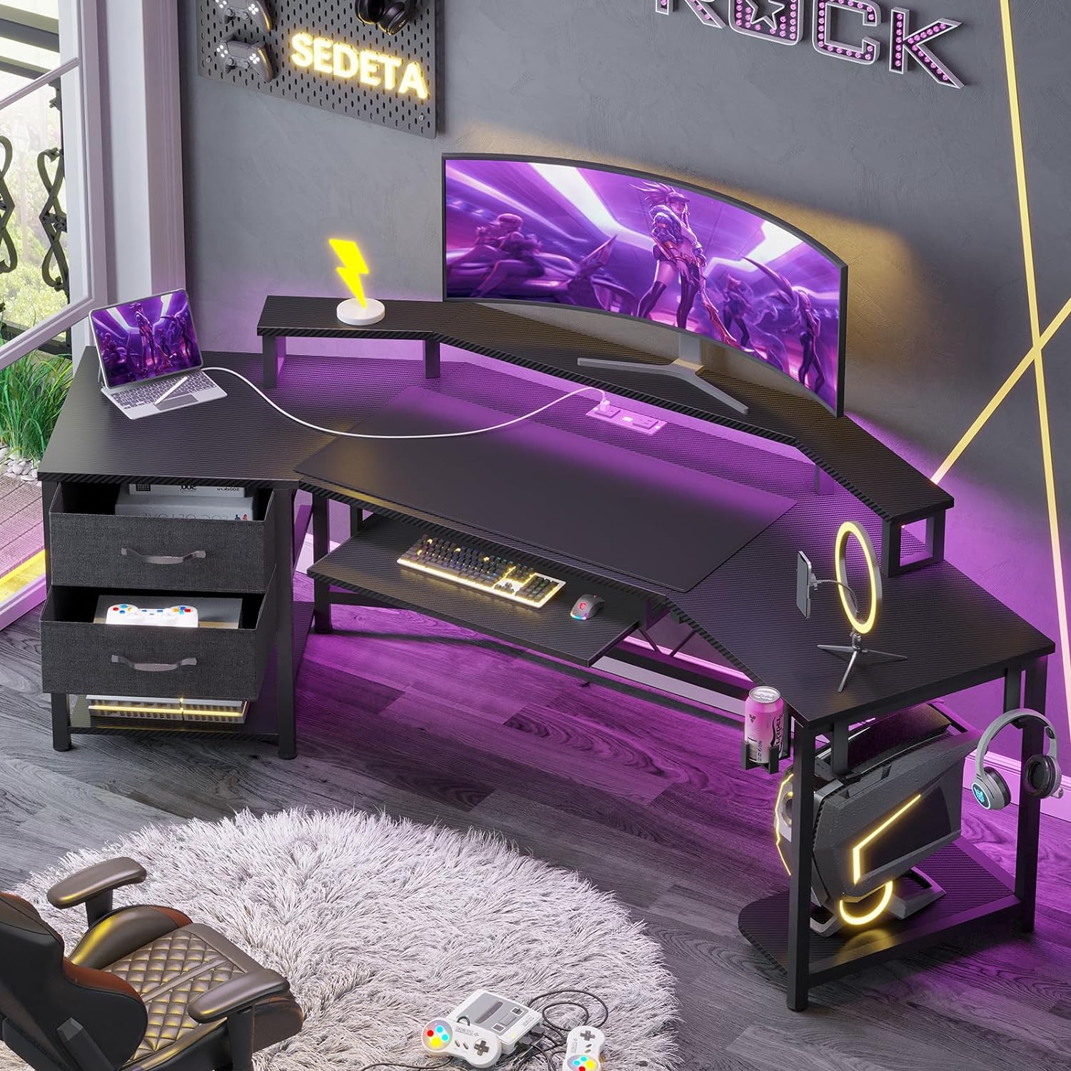 SEDETA 79 Gaming Desk, Computer Desk with 2 Fabric Drawers & LED Light, L Shaped Gaming Desk with Storage Shelf for Home Office, Carbon Fiber Black