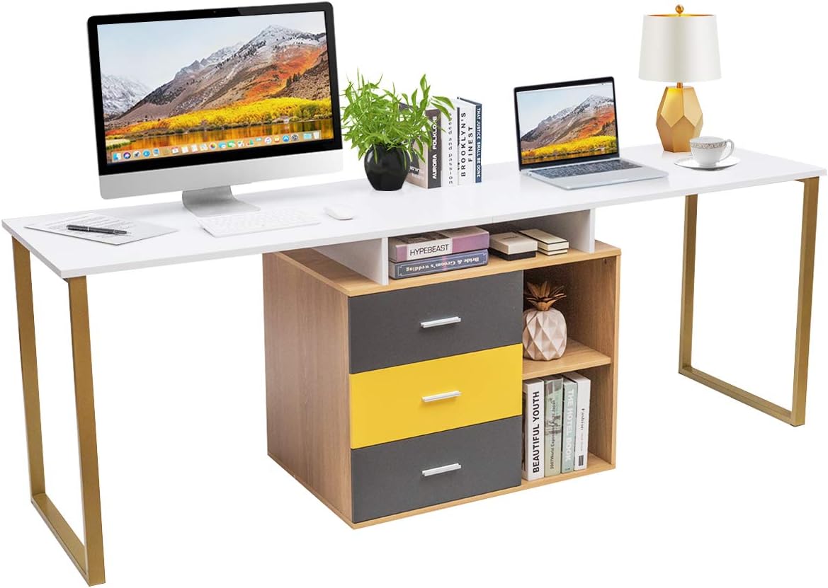 Tangkula 87 inch 2-Person Desk with 3 Storage Drawers & Shelves, Large Computer Desk, Multifunctional L-Shaped Desk Writing Desk Computer Workstation with Spacious Desktop, Home Office Desk