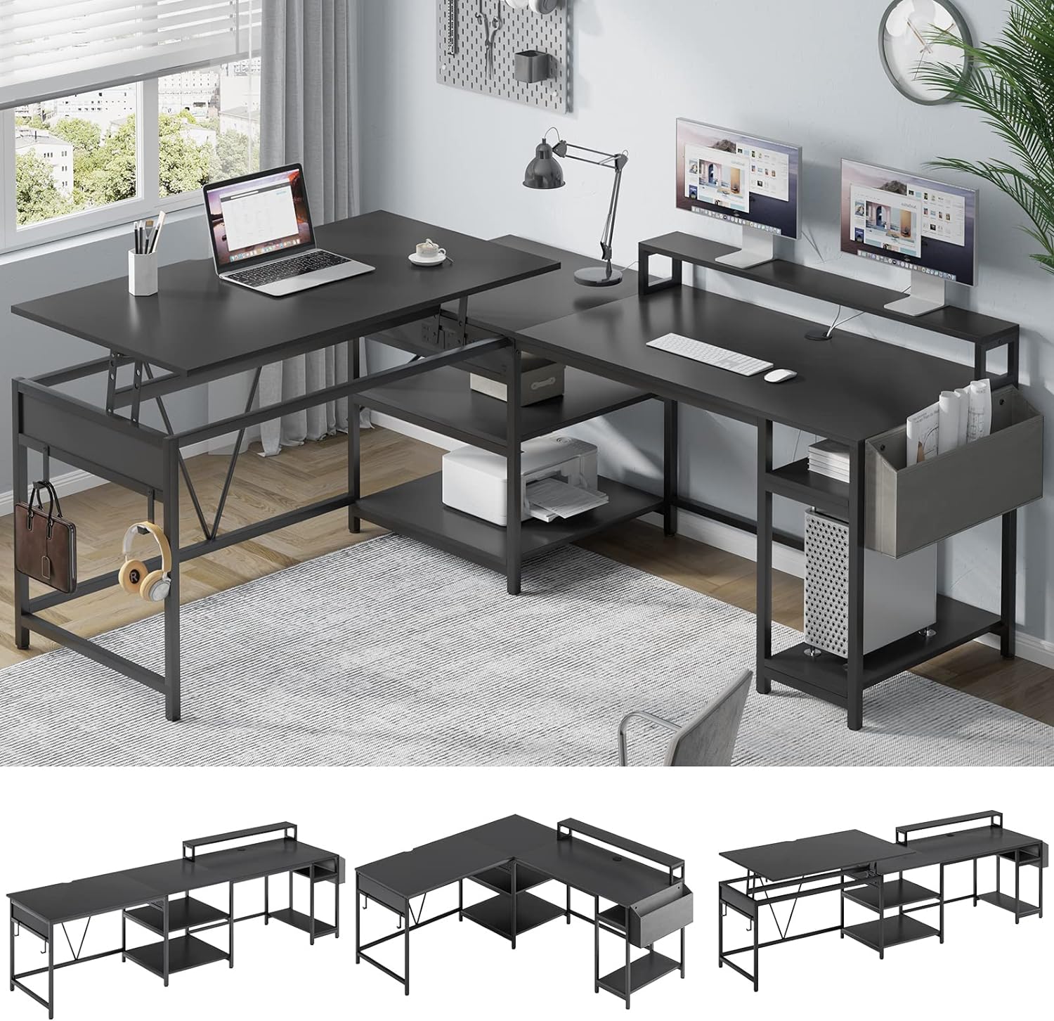 I work form home and have been looking for a desk where I have enough storage, looks good and also the best part that one side of the desk can be converted to a stand up desk. I am able to put my gym equipment at the bottom and work out. The quality of the desk is amazing and would recommend this to my peers. The instructions were easy to follow, however, the only issue I had on the instructions booklet it mainly shows how to set up a straight desk but I need it in the L shape and that part was 