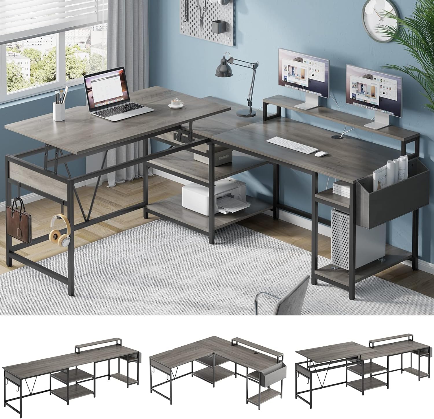 I work form home and have been looking for a desk where I have enough storage, looks good and also the best part that one side of the desk can be converted to a stand up desk. I am able to put my gym equipment at the bottom and work out. The quality of the desk is amazing and would recommend this to my peers. The instructions were easy to follow, however, the only issue I had on the instructions booklet it mainly shows how to set up a straight desk but I need it in the L shape and that part was 