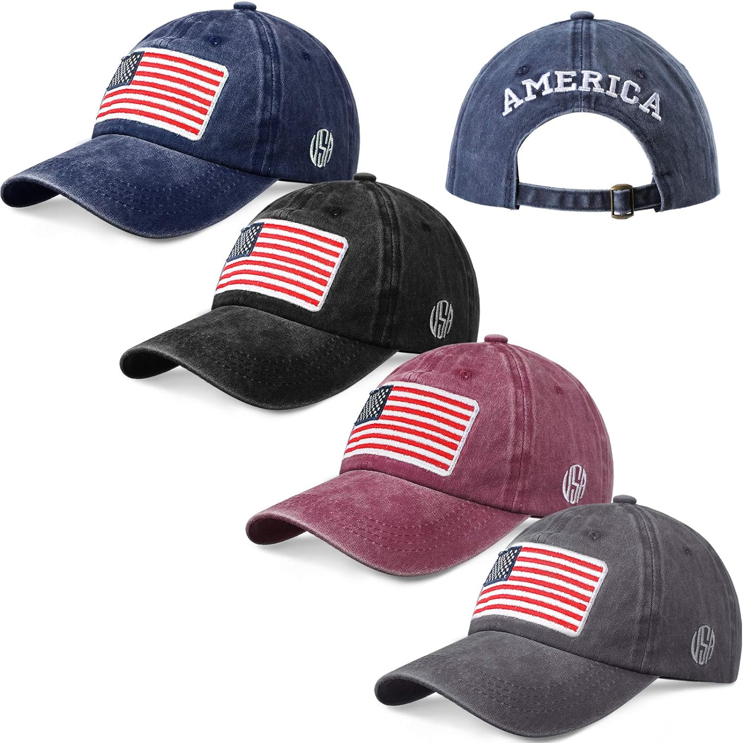 Geyoga 4 Pieces American Flag Baseball Caps USA Flag Tactical Cap Patriotic Flag Pride Caps Washed Distressed Cotton US Flag Hats for Men Women Teens
