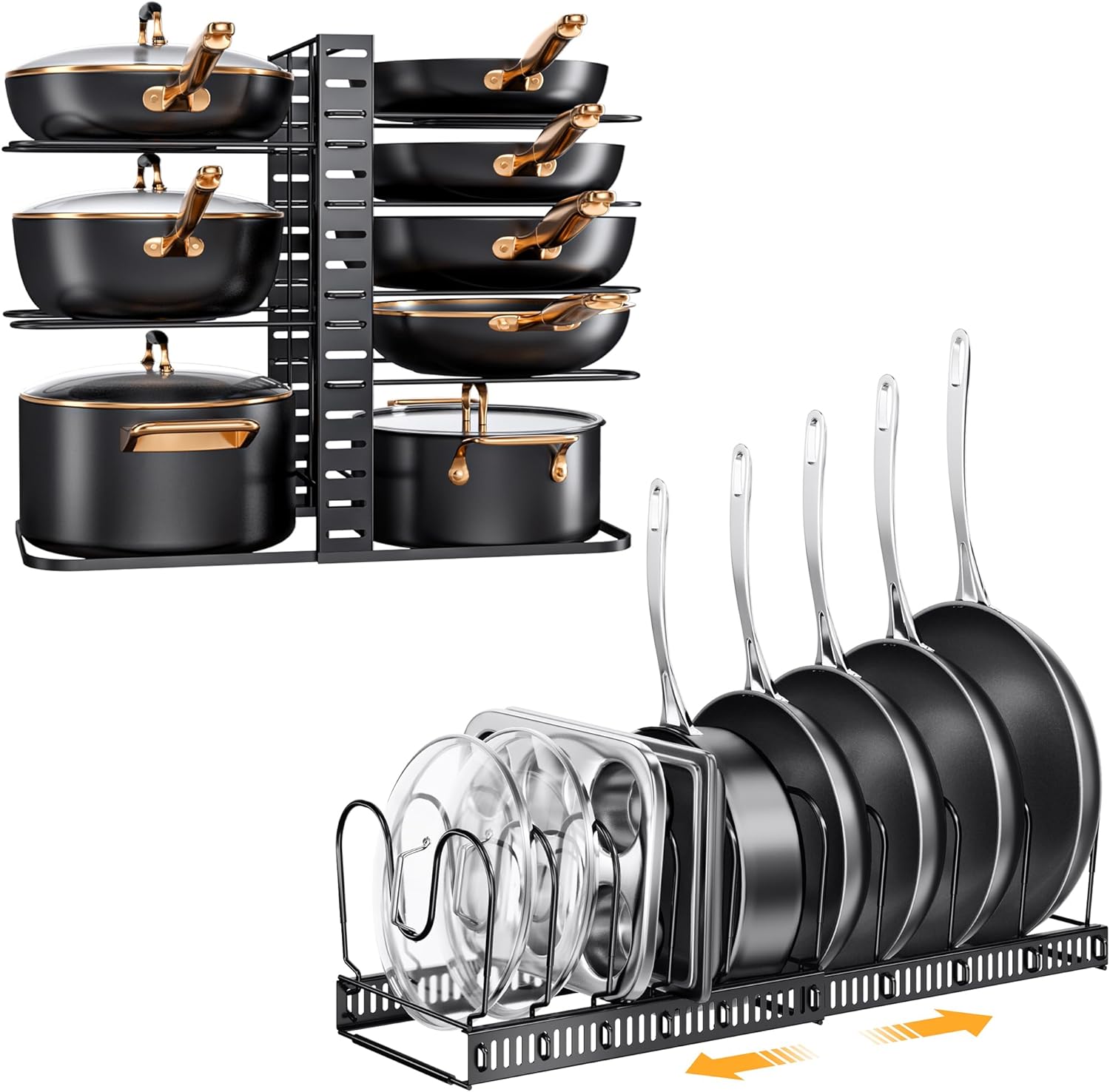 MUDEELA 8-Tier Pots and Pans Organizer for Cabinet and 10 Expandable Pans and Pots Lid Organizer Rack for Cabinet Bundle