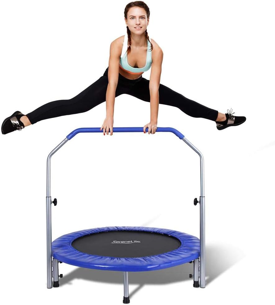 SereneLife Portable & Foldable Trampoline - 40 in-Home Mini Rebounder with Adjustable Handrail, Fitness Body Exercise - SLSPT409, Blue