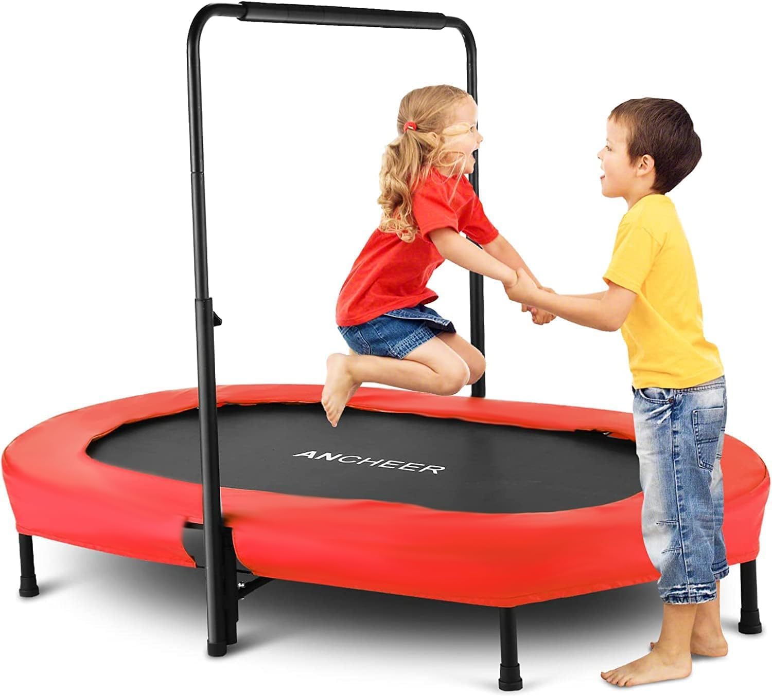 ANCHEER Mini Trampoline for Kids Toddler with Adjustable Handle, Foldable Rebounder Trampoline for Parent-Child Twins Indoor Outdoor Exercise, Holds up to 220 Lbs