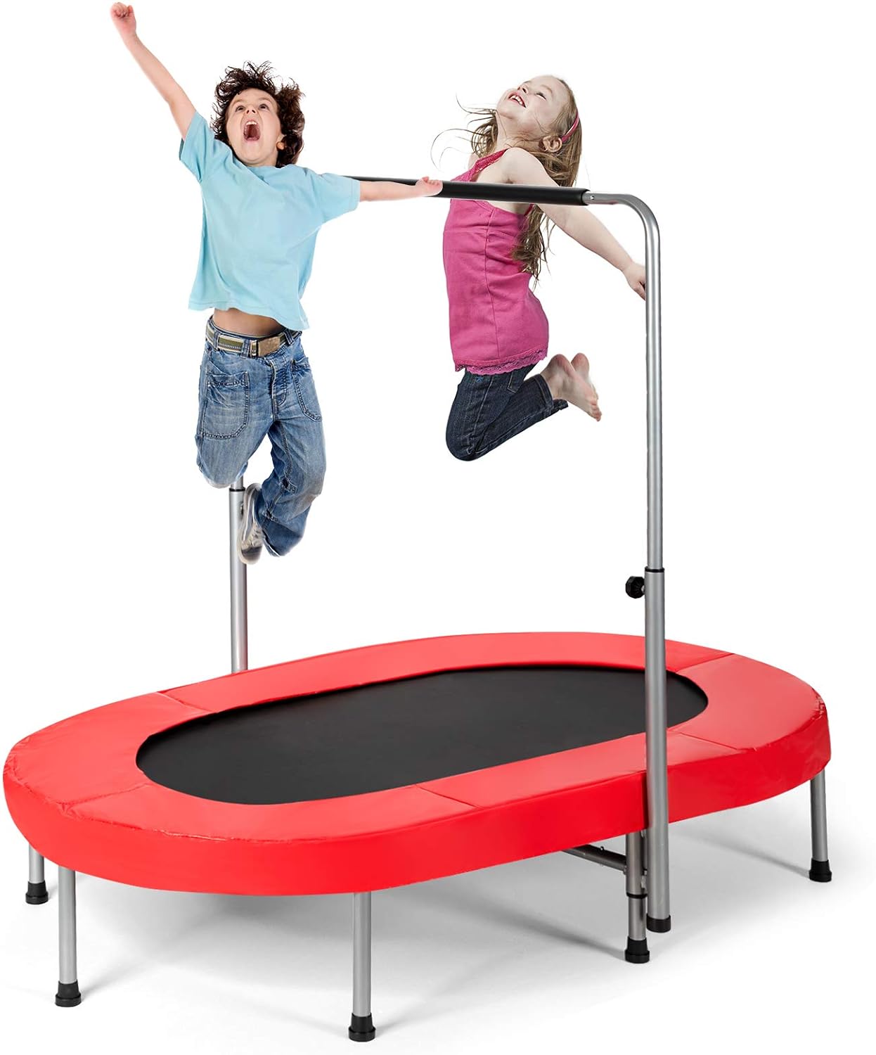 Giantex Mini Trampoline, 2 Persons Foldable Fitness Trampoline w/ 5 Levels Height Adjustable Handle, Max Load 330LBS, Indoor Oval Rebounder Exercise Trampoline for Adult, Kid, Enjoy Parent-Child Time