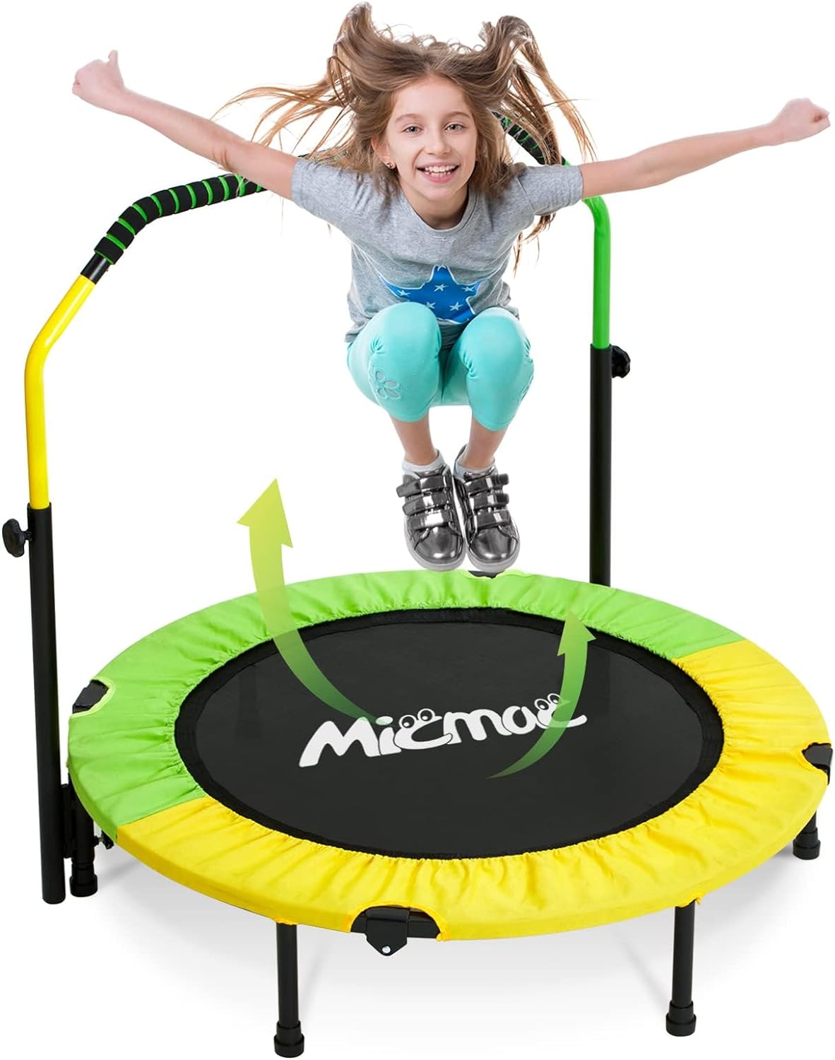 40'' Foldable Mini Trampoline with Sponge Handle, 38 to 46 Height-Adjustable Mini Trampoline for Kids Adults, Safty Padded Cover Toddler Rebounder Trampoline Indoor/Garden Workout Max Load 330lbs