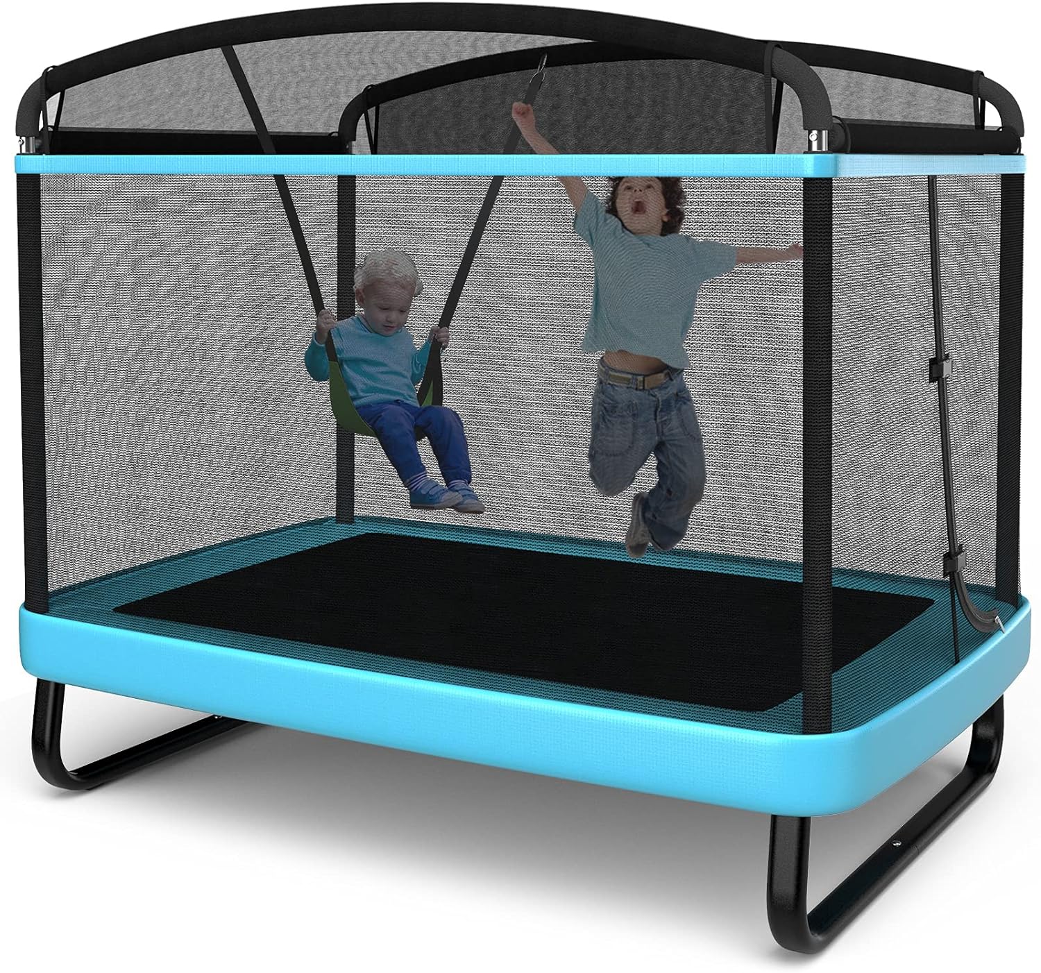 Giantex 6 Ft Kids Trampoline with Swing, Max Load 220lbs, Indoor Small Trampoline for 2 Kids, with Safety Enclosure Net, Built-in Zipper, ASTM Approved Toddler Rectangle Trampoline for 3-8 Year Old