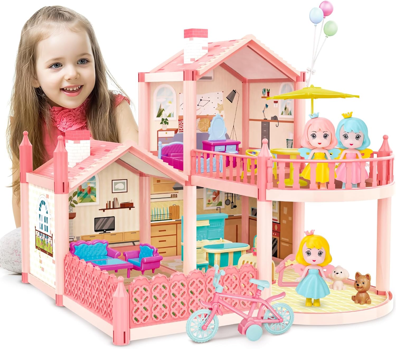 deAO Doll House for 3 4 5 6 Years Old Girls Toy,2-Story 3 Rooms Dollhouse 7-8,Dollhouse Furniture and Accessories, DIY Building Pink Dollhouse for Age 3 